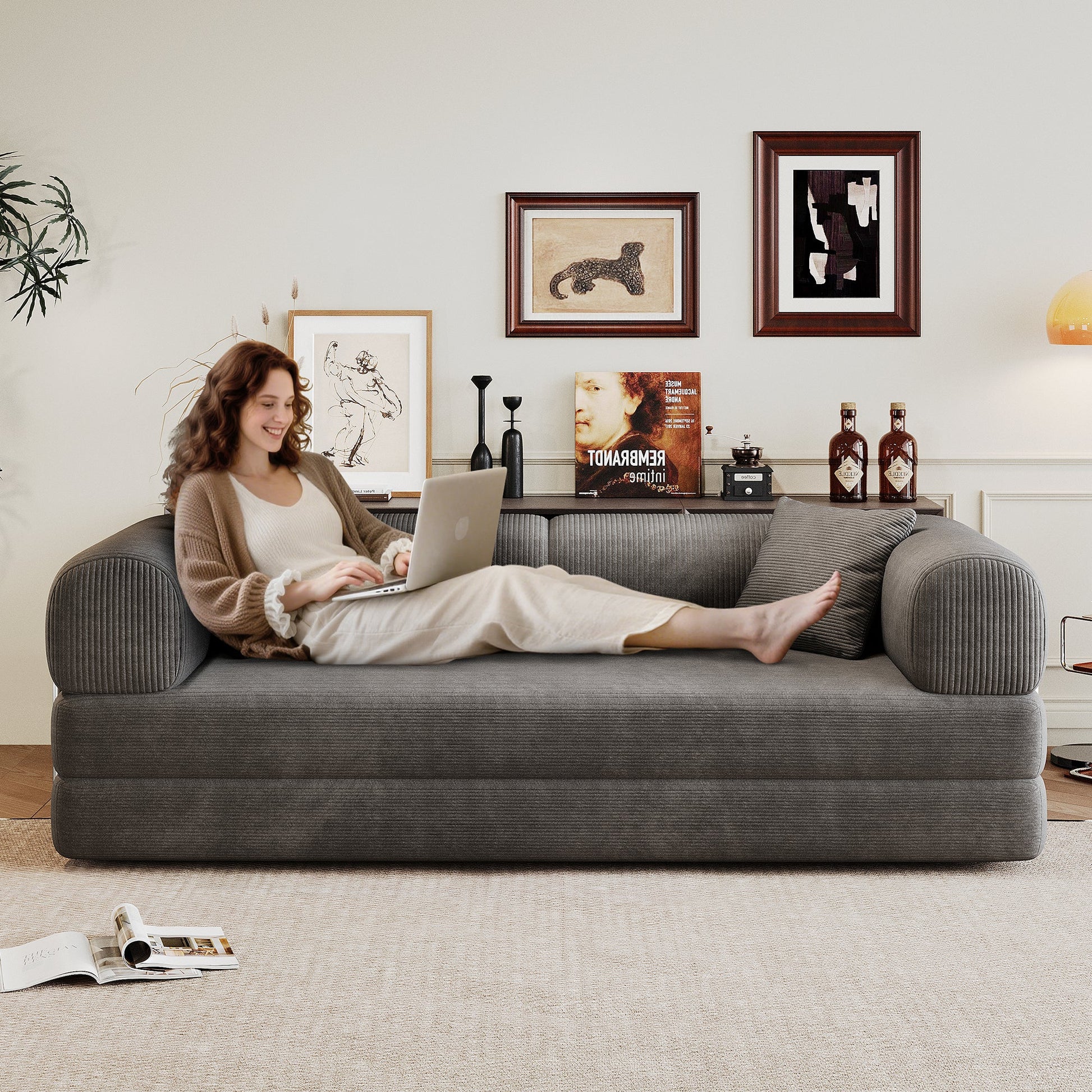 78.8' Compression Sofa,Convertible Floor Sofa Bed - with Pillow Back Support Armrest,Comfy Futon Couch Sleeper Bed,Loveseats Boneless Modular Sectional Sofa,Corduroy fabric,for Living Room,Bedroom,Grey - 1st Choice Furniture Direct