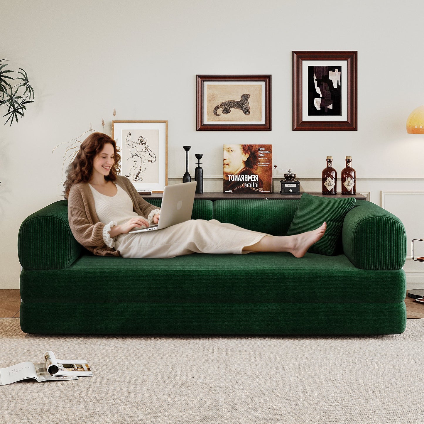 78.8' Compression Sofa,Convertible Floor Sofa Bed - with Pillow Back Support Armrest,Comfy Futon Couch Sleeper Bed,Loveseats Boneless Modular Sectional Sofa,Corduroy fabric,for Living Room,Bedroom,Green - 1st Choice Furniture Direct