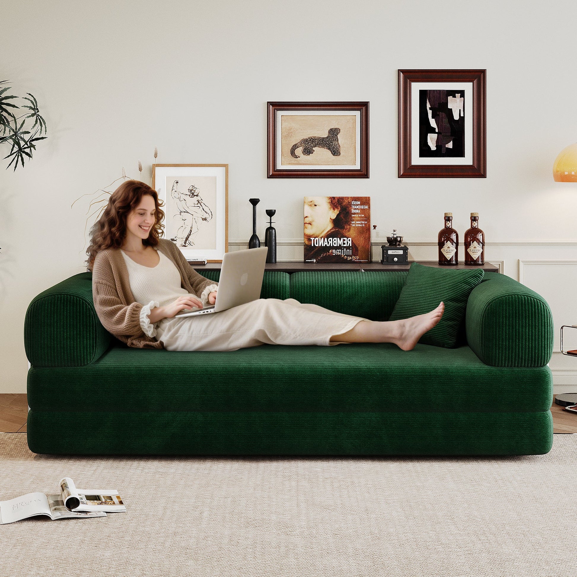 78.8' Compression Sofa,Convertible Floor Sofa Bed - with Pillow Back Support Armrest,Comfy Futon Couch Sleeper Bed,Loveseats Boneless Modular Sectional Sofa,Corduroy fabric,for Living Room,Bedroom,Green - 1st Choice Furniture Direct