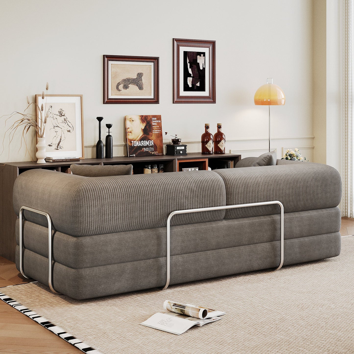 78.8' Compression Sofa,Convertible Floor Sofa Bed - with Pillow Back Support Armrest,Comfy Futon Couch Sleeper Bed,Loveseats Boneless Modular Sectional Sofa,Corduroy fabric,for Living Room,Bedroom,Grey - 1st Choice Furniture Direct