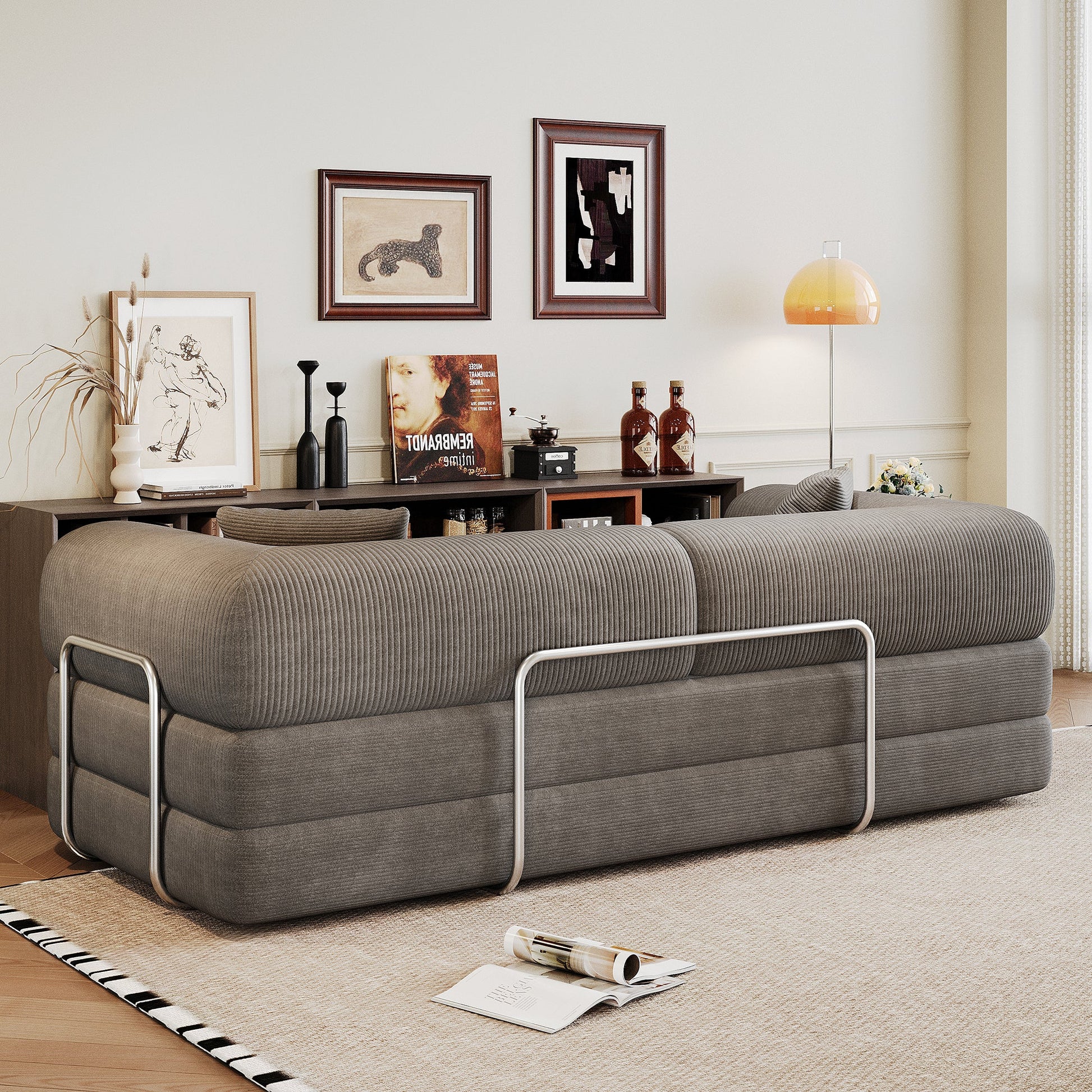 78.8' Compression Sofa,Convertible Floor Sofa Bed - with Pillow Back Support Armrest,Comfy Futon Couch Sleeper Bed,Loveseats Boneless Modular Sectional Sofa,Corduroy fabric,for Living Room,Bedroom,Grey - 1st Choice Furniture Direct