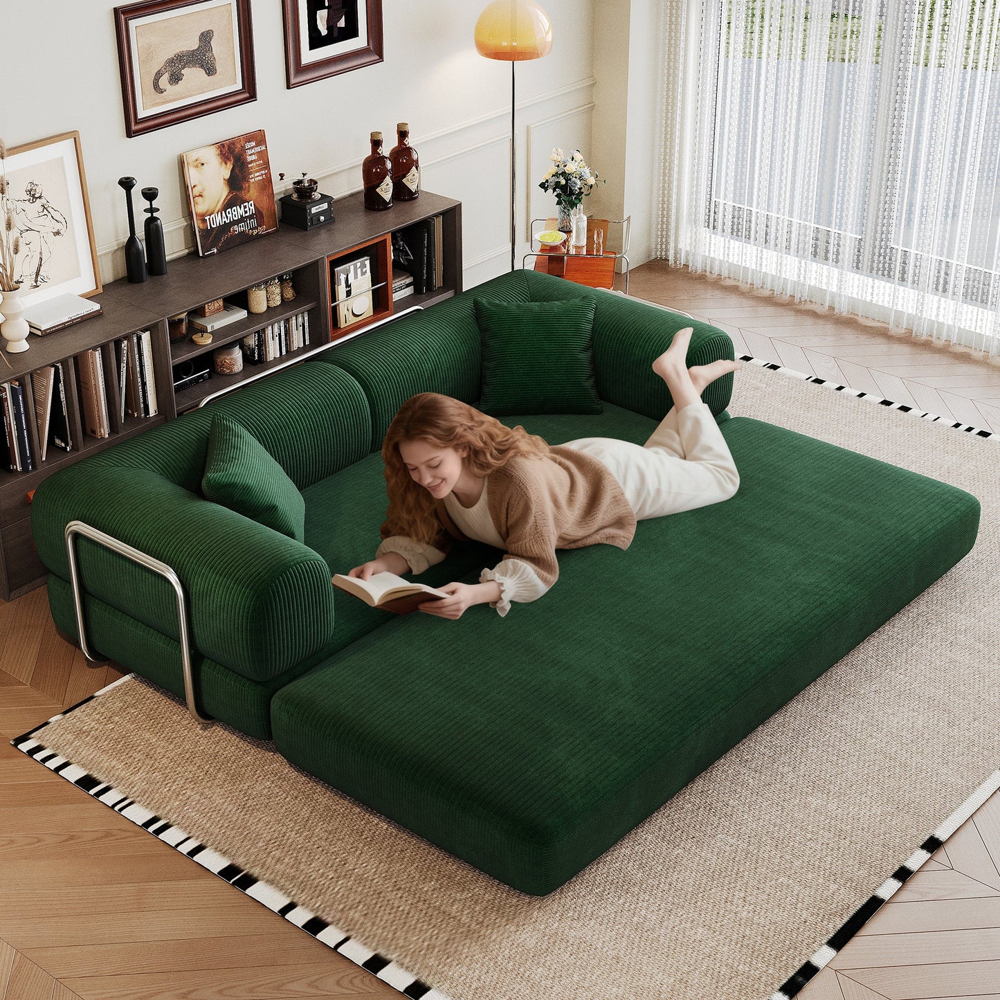 78.8' Compression Sofa,Convertible Floor Sofa Bed - with Pillow Back Support Armrest,Comfy Futon Couch Sleeper Bed,Loveseats Boneless Modular Sectional Sofa,Corduroy fabric,for Living Room,Bedroom,Green - 1st Choice Furniture Direct