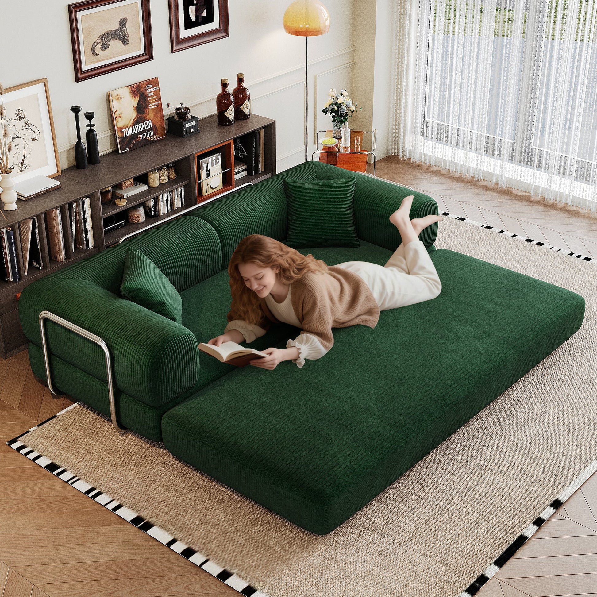 78.8' Compression Sofa,Convertible Floor Sofa Bed - with Pillow Back Support Armrest,Comfy Futon Couch Sleeper Bed,Loveseats Boneless Modular Sectional Sofa,Corduroy fabric,for Living Room,Bedroom,Green - 1st Choice Furniture Direct