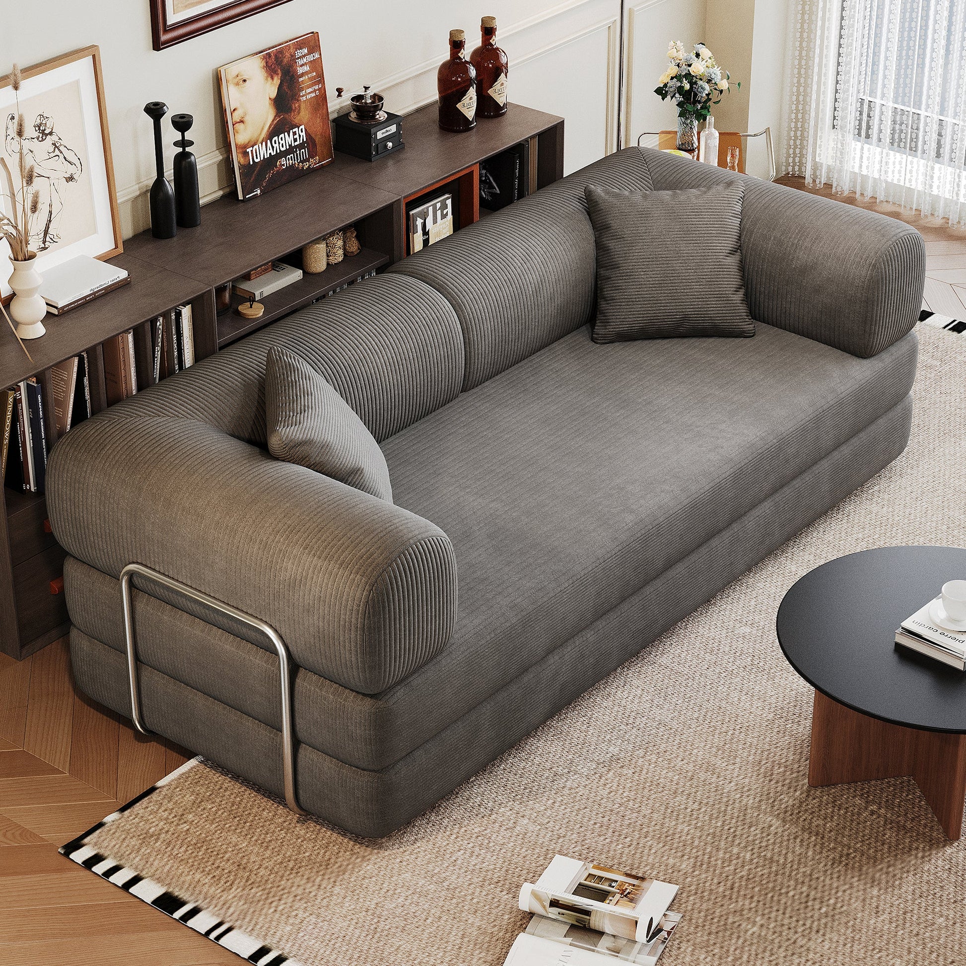 78.8' Compression Sofa,Convertible Floor Sofa Bed - with Pillow Back Support Armrest,Comfy Futon Couch Sleeper Bed,Loveseats Boneless Modular Sectional Sofa,Corduroy fabric,for Living Room,Bedroom,Grey - 1st Choice Furniture Direct