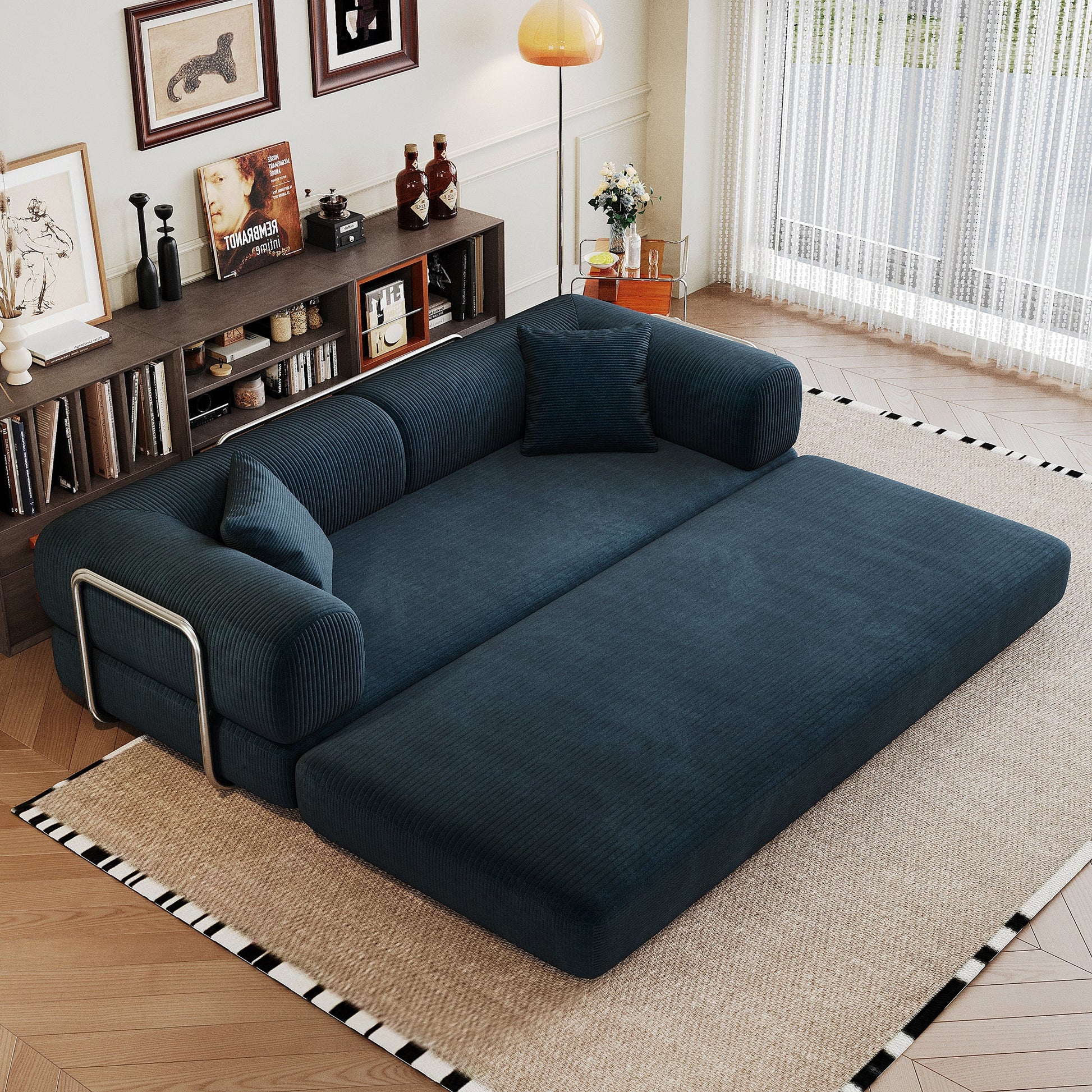 78.8' Compression Sofa,Convertible Floor Sofa Bed - with Pillow Back Support Armrest,Comfy Futon Couch Sleeper Bed,Loveseats Boneless Modular Sectional Sofa,Corduroy fabric,for Living Room,Bedroom,Blue - 1st Choice Furniture Direct