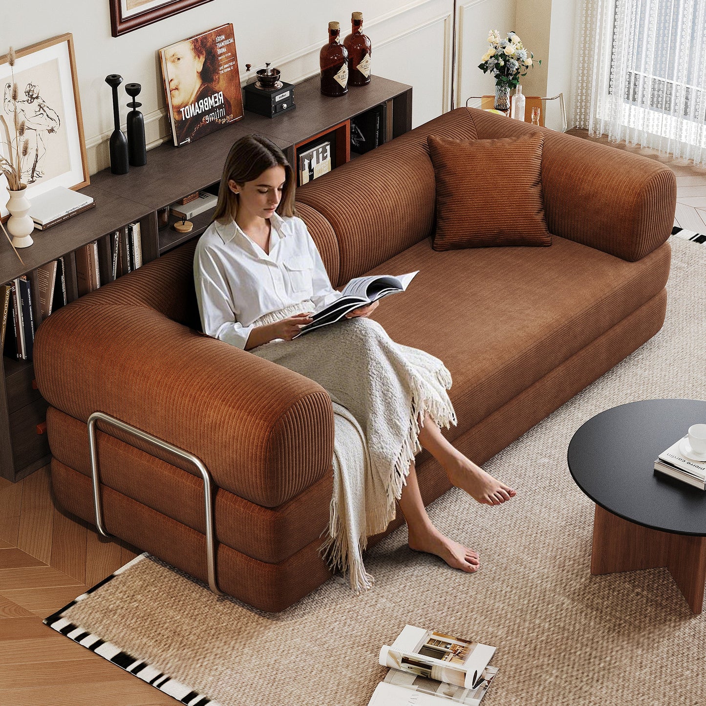 78.8' Compression Sofa,Convertible Floor Sofa Bed - with Pillow Back Support Armrest,Comfy Futon Couch Sleeper Bed,Loveseats Boneless Modular Sectional Sofa,Corduroy fabric,for Living Room,Bedroom,Brown - 1st Choice Furniture Direct