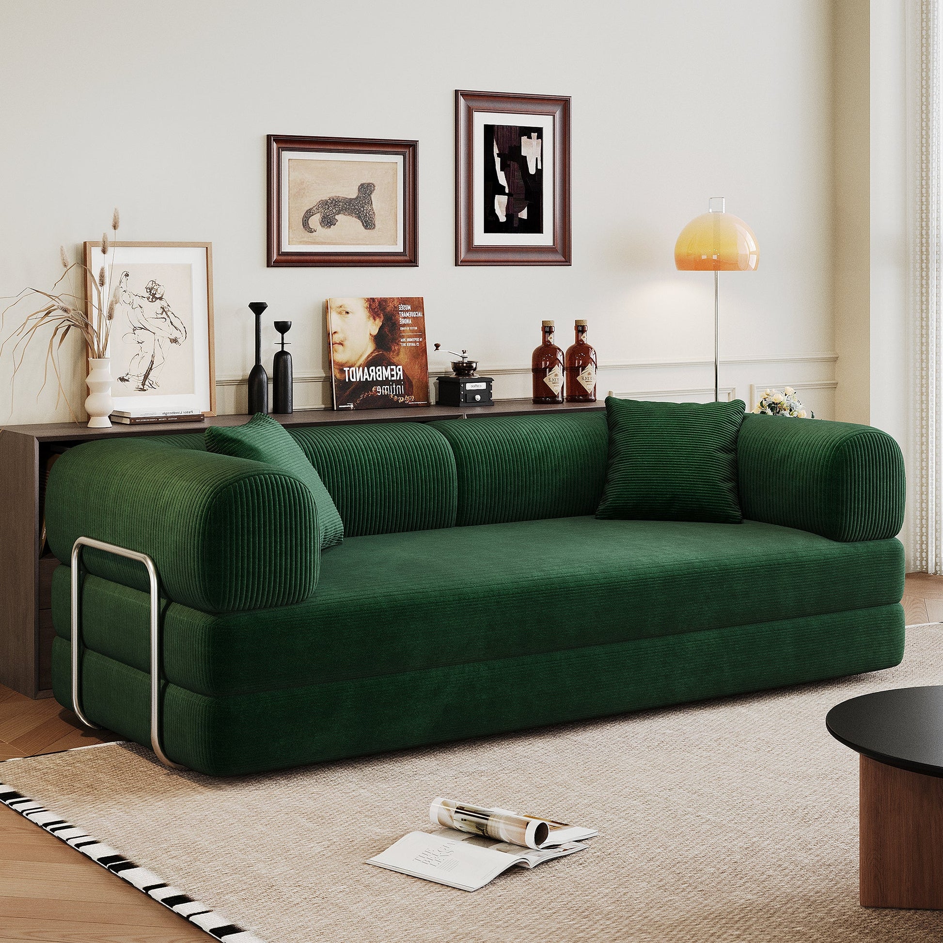 78.8' Compression Sofa,Convertible Floor Sofa Bed - with Pillow Back Support Armrest,Comfy Futon Couch Sleeper Bed,Loveseats Boneless Modular Sectional Sofa,Corduroy fabric,for Living Room,Bedroom,Green - 1st Choice Furniture Direct