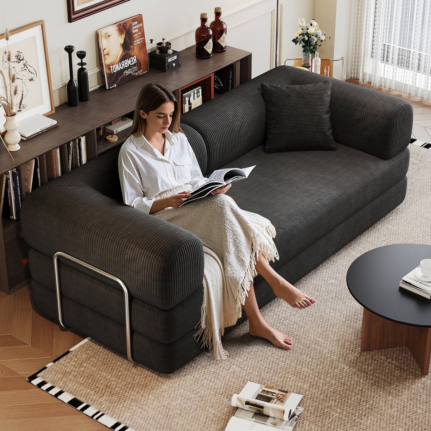 78.8' Compression Sofa,Convertible Floor Sofa Bed - with Pillow Back Support Armrest,Comfy Futon Couch Sleeper Bed,Loveseats Boneless Modular Sectional Sofa,Corduroy fabric,for Living Room,Bedroom,Black - 1st Choice Furniture Direct