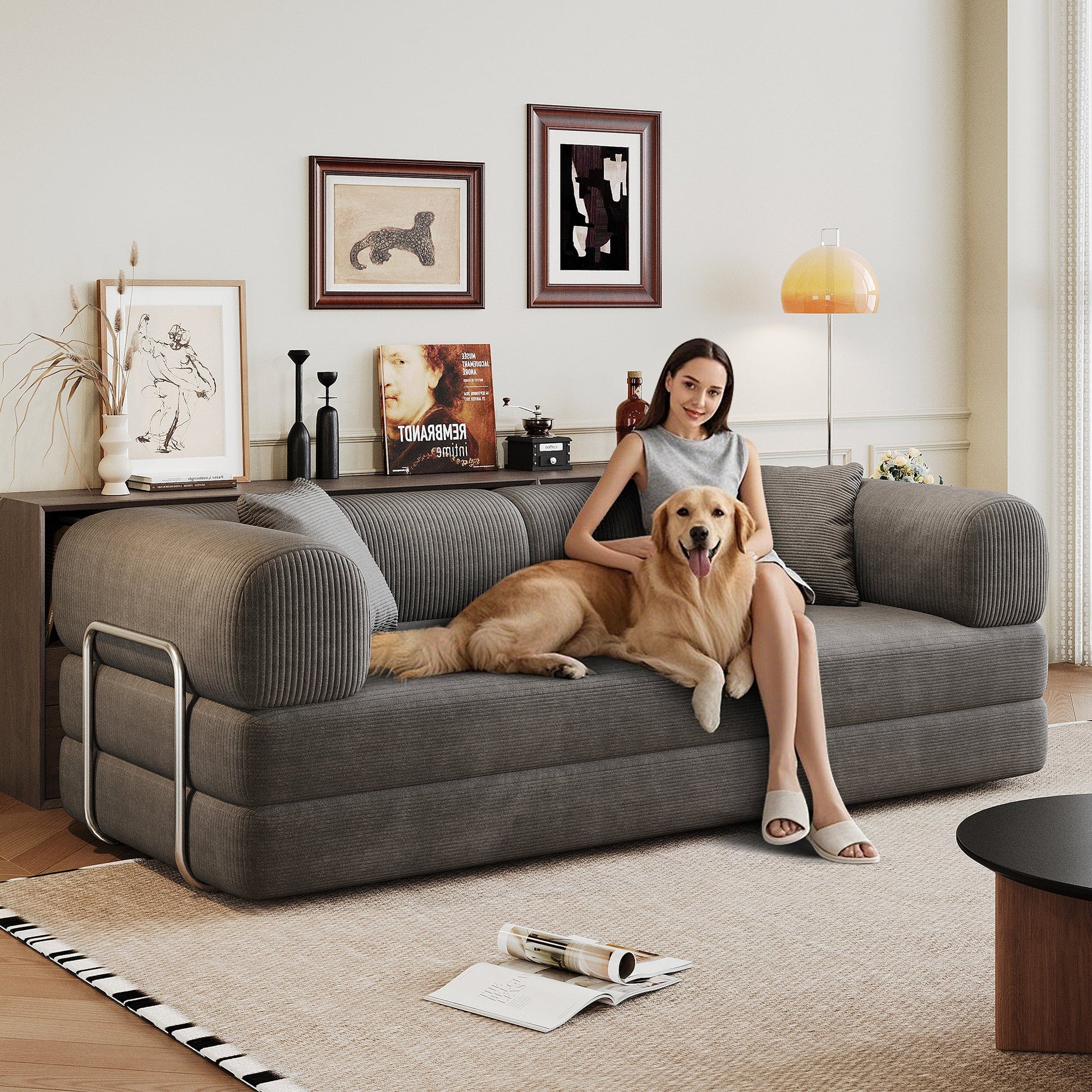 78.8' Compression Sofa,Convertible Floor Sofa Bed - with Pillow Back Support Armrest,Comfy Futon Couch Sleeper Bed,Loveseats Boneless Modular Sectional Sofa,Corduroy fabric,for Living Room,Bedroom,Grey - 1st Choice Furniture Direct
