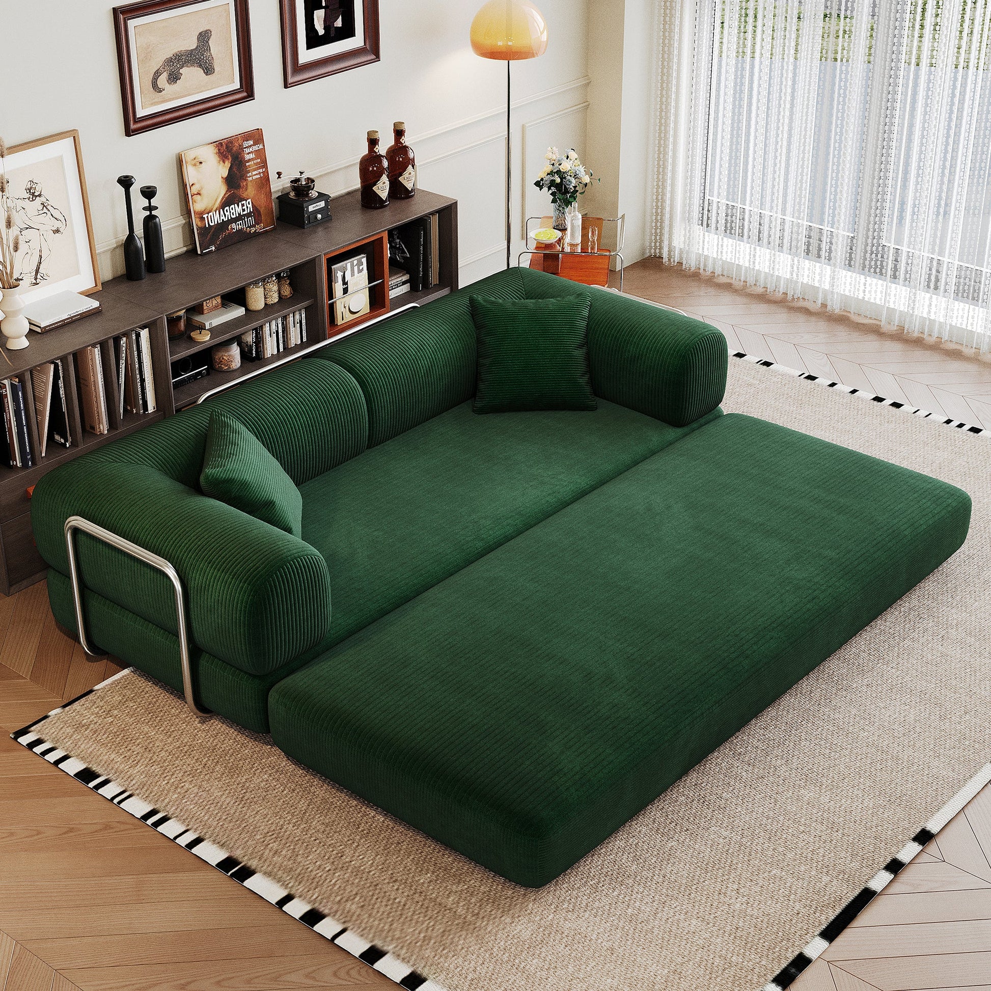 78.8' Compression Sofa,Convertible Floor Sofa Bed - with Pillow Back Support Armrest,Comfy Futon Couch Sleeper Bed,Loveseats Boneless Modular Sectional Sofa,Corduroy fabric,for Living Room,Bedroom,Green - 1st Choice Furniture Direct