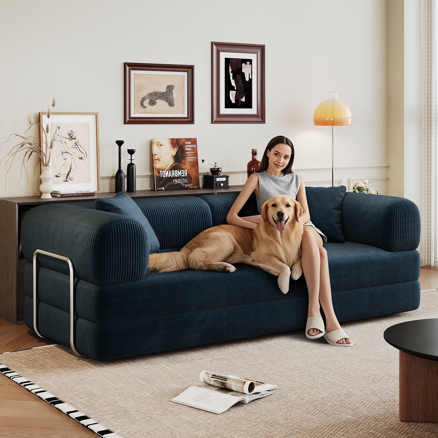 78.8' Compression Sofa,Convertible Floor Sofa Bed - with Pillow Back Support Armrest,Comfy Futon Couch Sleeper Bed,Loveseats Boneless Modular Sectional Sofa,Corduroy fabric,for Living Room,Bedroom,Blue - 1st Choice Furniture Direct