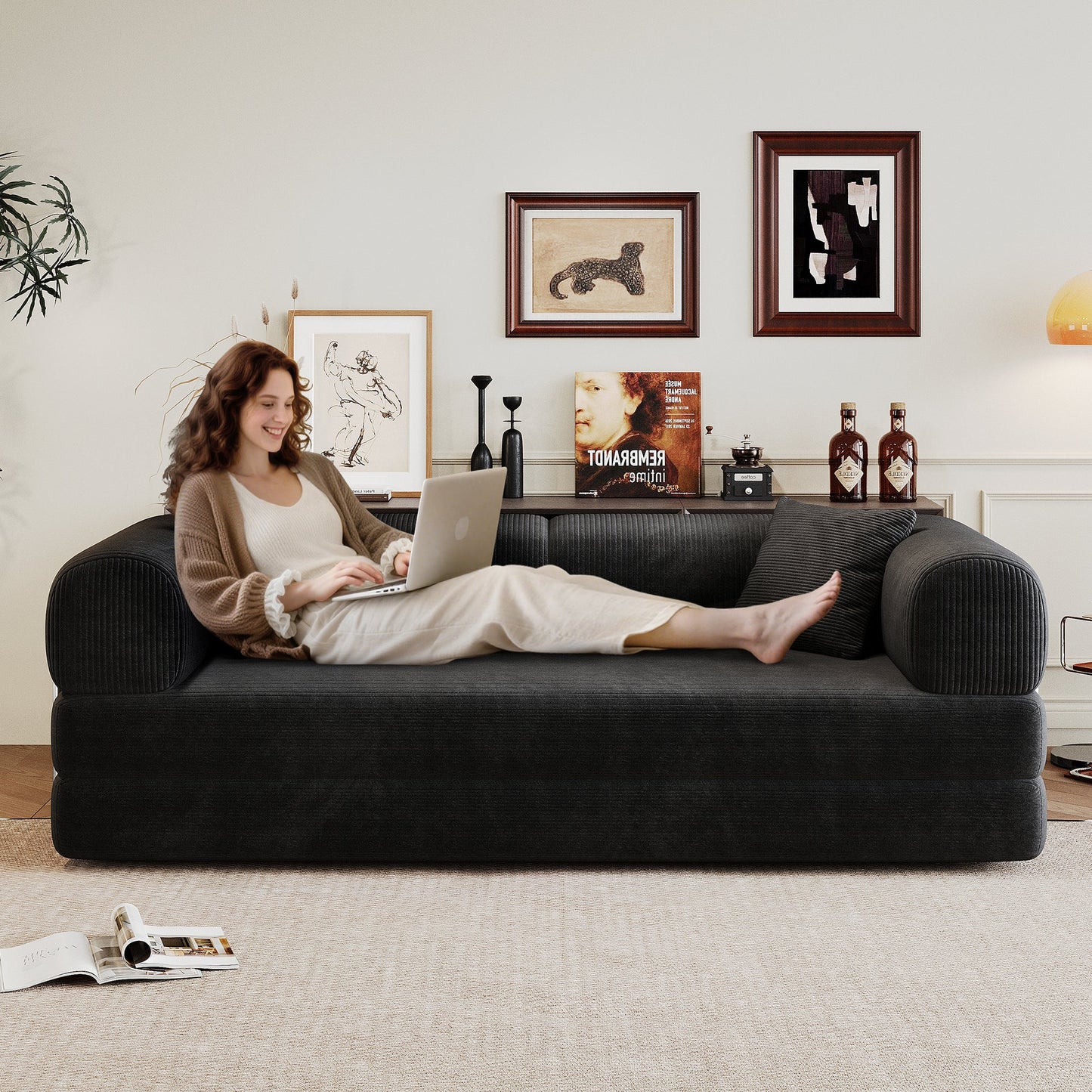 78.8' Compression Sofa,Convertible Floor Sofa Bed - with Pillow Back Support Armrest,Comfy Futon Couch Sleeper Bed,Loveseats Boneless Modular Sectional Sofa,Corduroy fabric,for Living Room,Bedroom,Black - 1st Choice Furniture Direct