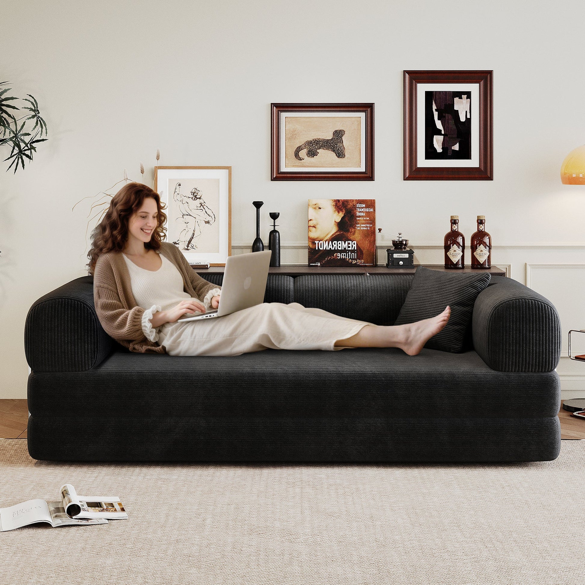 78.8' Compression Sofa,Convertible Floor Sofa Bed - with Pillow Back Support Armrest,Comfy Futon Couch Sleeper Bed,Loveseats Boneless Modular Sectional Sofa,Corduroy fabric,for Living Room,Bedroom,Black - 1st Choice Furniture Direct