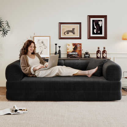 78.8' Compression Sofa,Convertible Floor Sofa Bed - with Pillow Back Support Armrest,Comfy Futon Couch Sleeper Bed,Loveseats Boneless Modular Sectional Sofa,Corduroy fabric,for Living Room,Bedroom,Black - 1st Choice Furniture Direct
