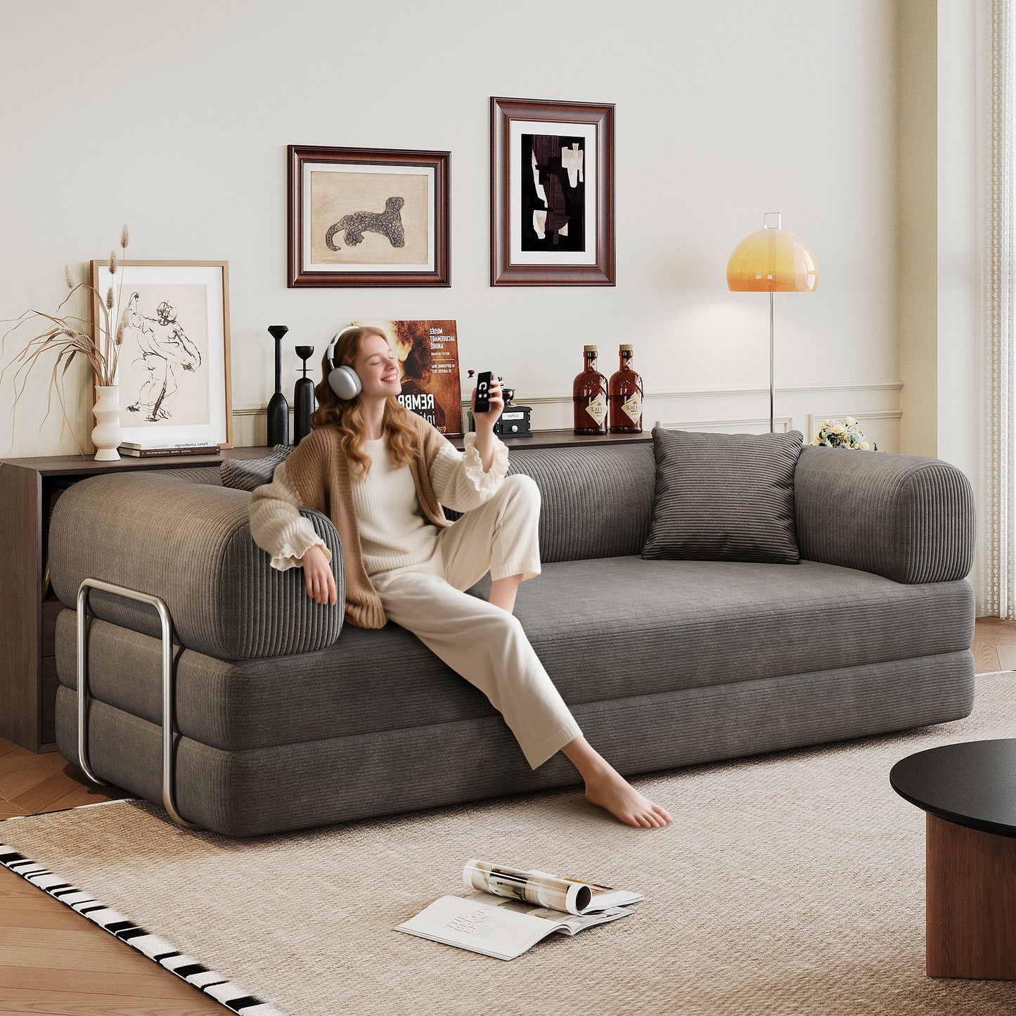 78.8' Compression Sofa,Convertible Floor Sofa Bed - with Pillow Back Support Armrest,Comfy Futon Couch Sleeper Bed,Loveseats Boneless Modular Sectional Sofa,Corduroy fabric,for Living Room,Bedroom,Grey - 1st Choice Furniture Direct