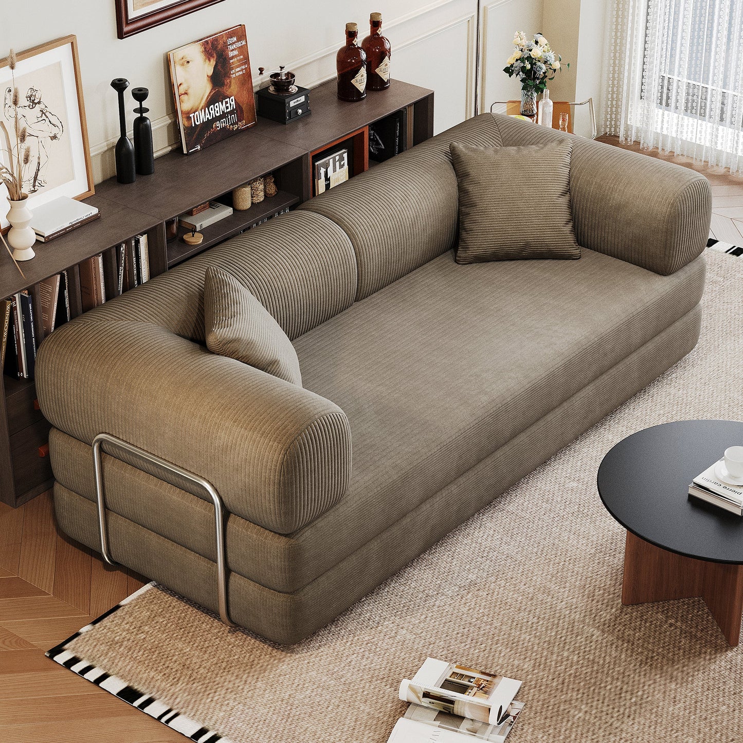 78.8' Compression Sofa,Convertible Floor Sofa Bed - with Pillow Back Support Armrest,Comfy Futon Couch Sleeper Bed,Loveseats Boneless Modular Sectional Sofa,Corduroy fabric,for Living Room,Bedroom,Camel - 1st Choice Furniture Direct