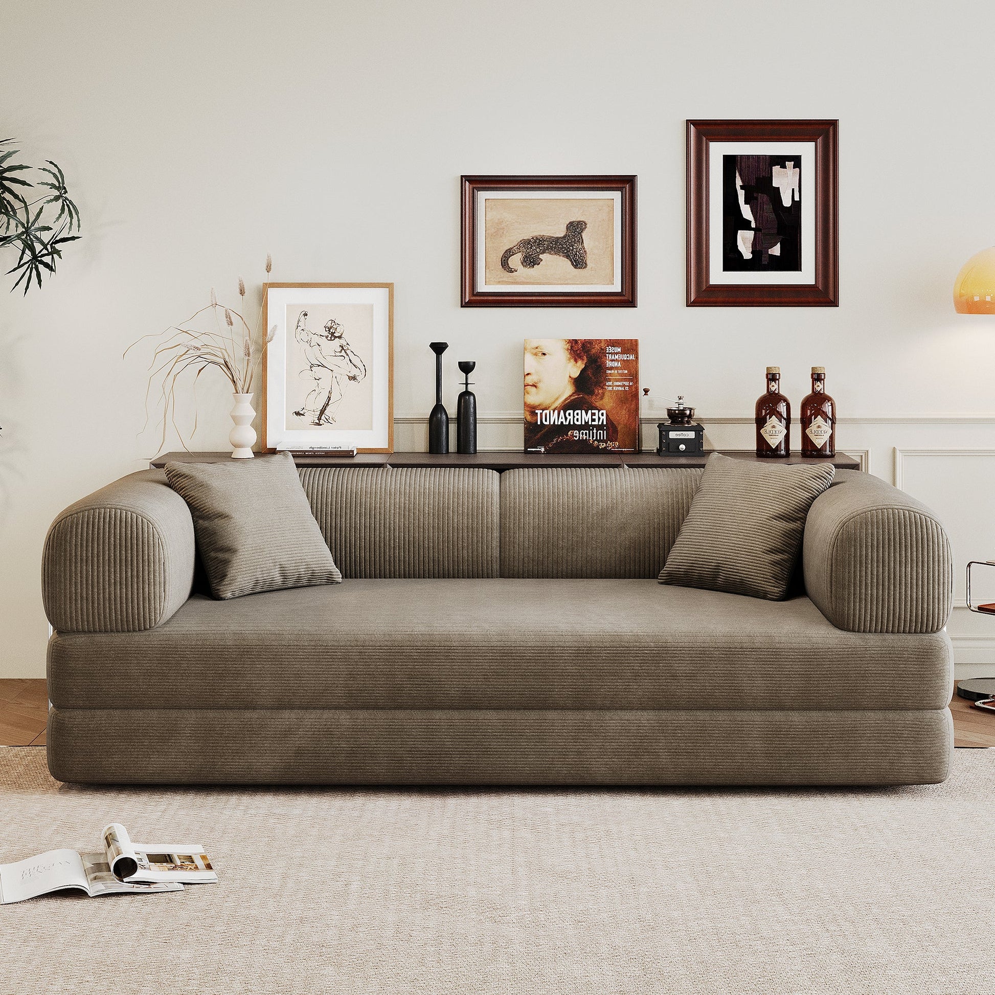 78.8' Compression Sofa,Convertible Floor Sofa Bed - with Pillow Back Support Armrest,Comfy Futon Couch Sleeper Bed,Loveseats Boneless Modular Sectional Sofa,Corduroy fabric,for Living Room,Bedroom,Camel - 1st Choice Furniture Direct