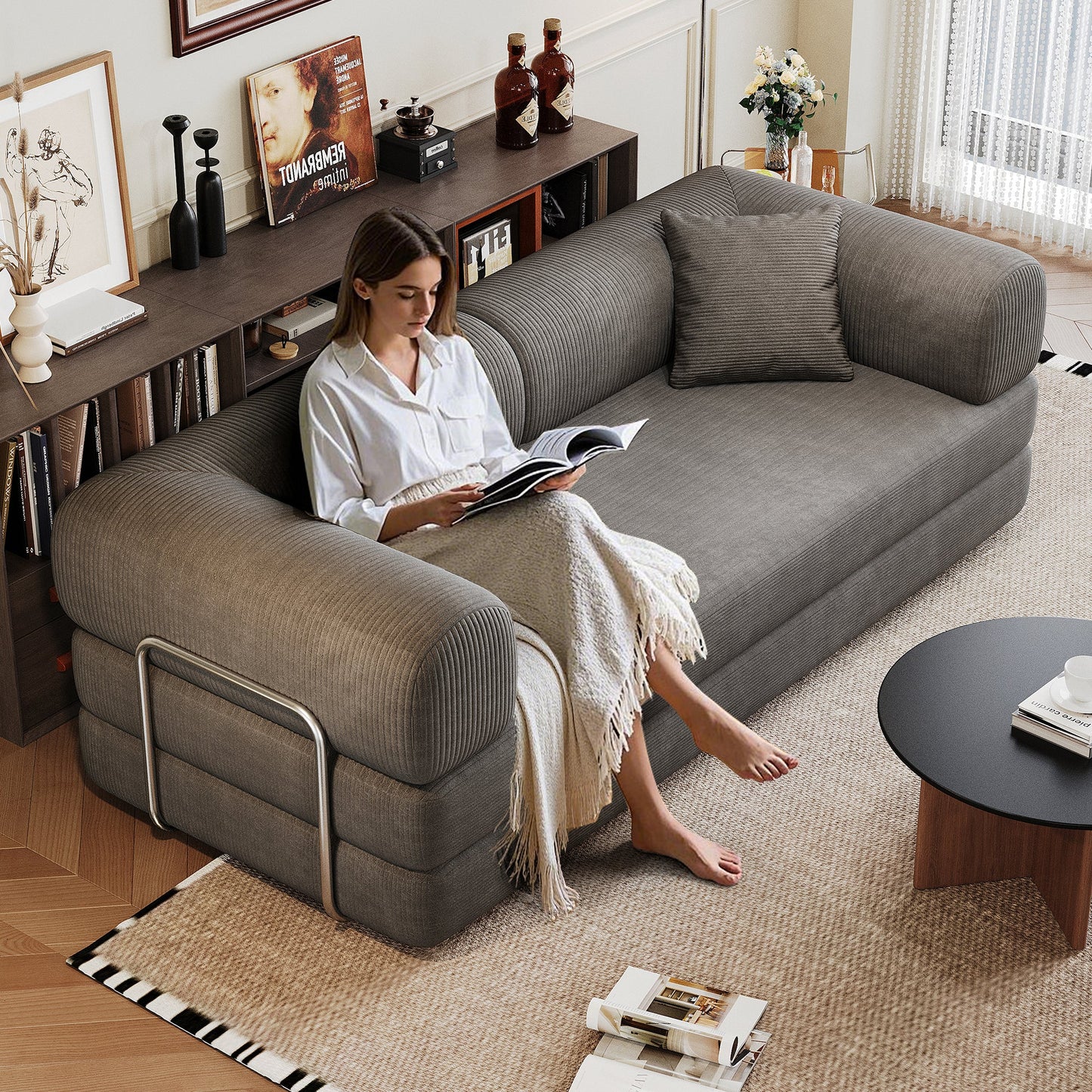 78.8' Compression Sofa,Convertible Floor Sofa Bed - with Pillow Back Support Armrest,Comfy Futon Couch Sleeper Bed,Loveseats Boneless Modular Sectional Sofa,Corduroy fabric,for Living Room,Bedroom,Grey - 1st Choice Furniture Direct