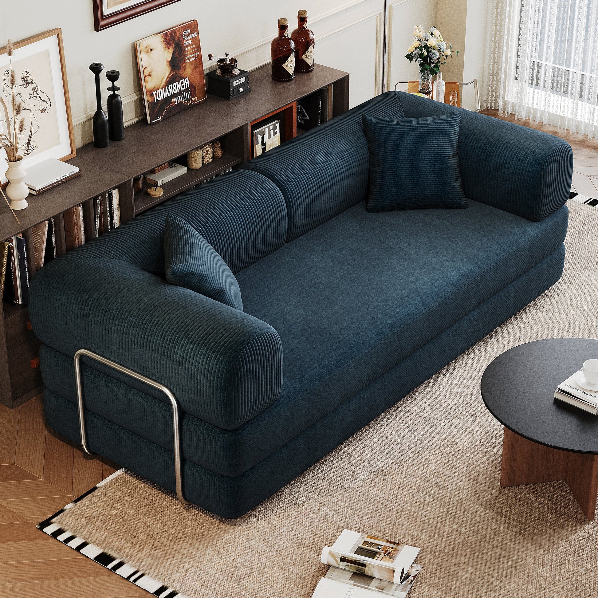 78.8' Compression Sofa,Convertible Floor Sofa Bed - with Pillow Back Support Armrest,Comfy Futon Couch Sleeper Bed,Loveseats Boneless Modular Sectional Sofa,Corduroy fabric,for Living Room,Bedroom,Blue - 1st Choice Furniture Direct