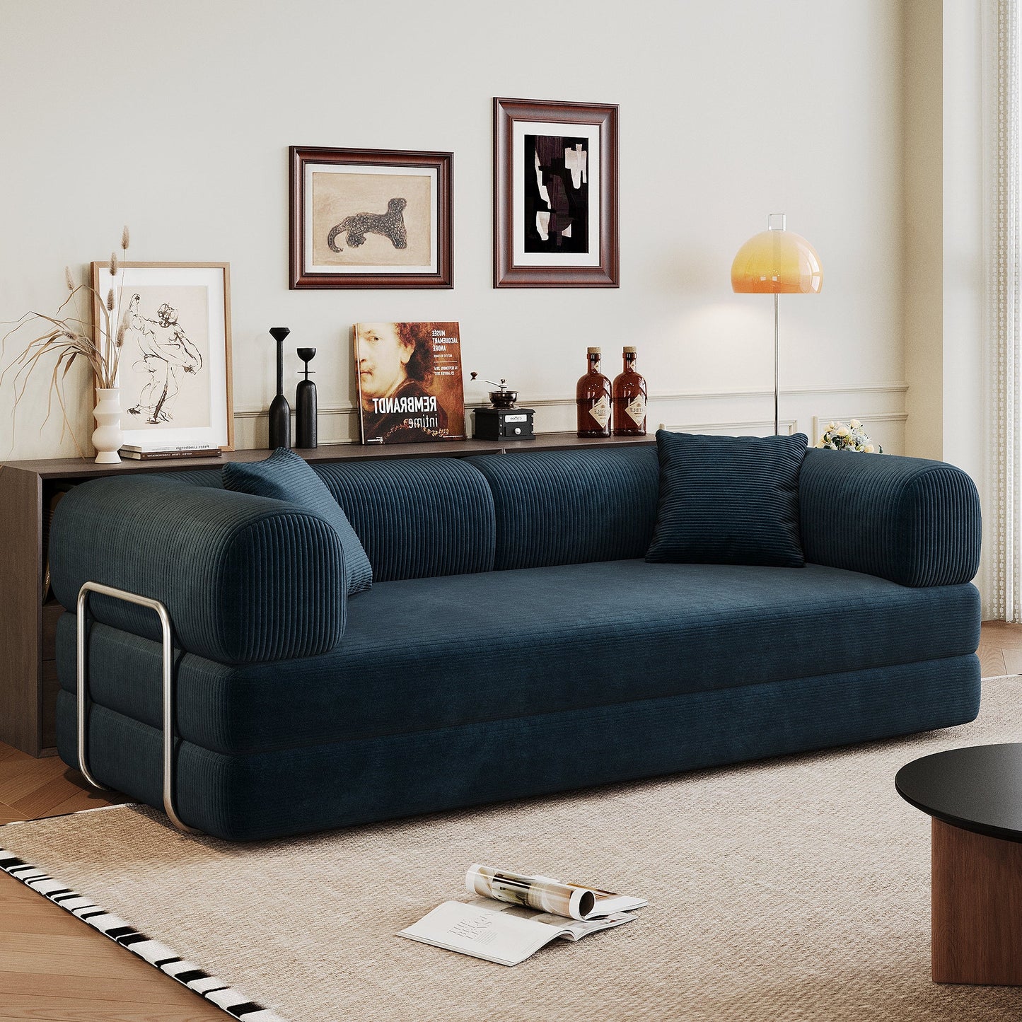 78.8' Compression Sofa,Convertible Floor Sofa Bed - with Pillow Back Support Armrest,Comfy Futon Couch Sleeper Bed,Loveseats Boneless Modular Sectional Sofa,Corduroy fabric,for Living Room,Bedroom,Blue - 1st Choice Furniture Direct