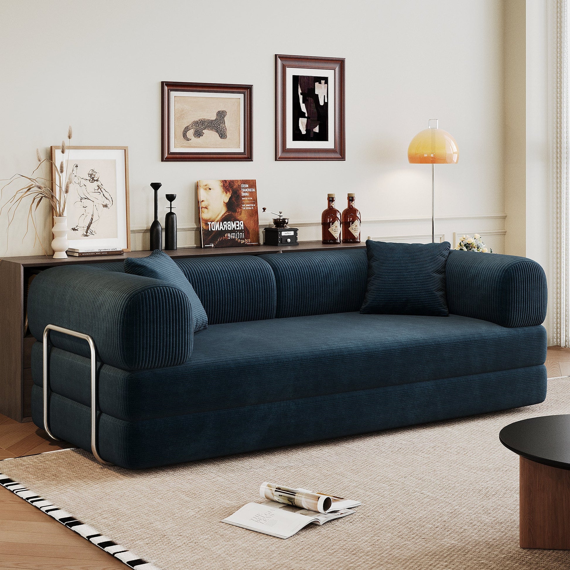 78.8' Compression Sofa,Convertible Floor Sofa Bed - with Pillow Back Support Armrest,Comfy Futon Couch Sleeper Bed,Loveseats Boneless Modular Sectional Sofa,Corduroy fabric,for Living Room,Bedroom,Blue - 1st Choice Furniture Direct