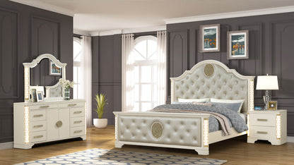 Queen 4 Pc Unique LED Bedroom Set made with Wood in Beige