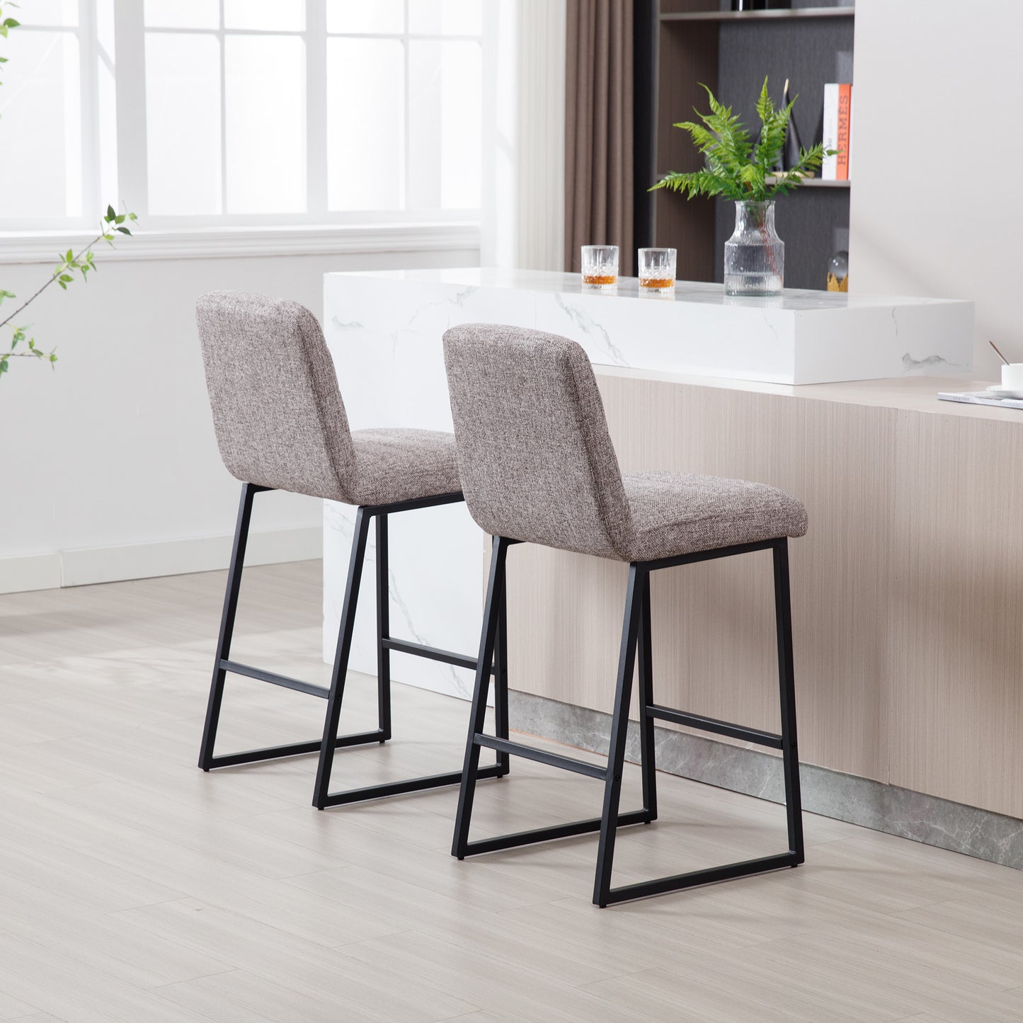 Low Bar Stools Set of 2 Bar Chairs for Living Room Party Room Kitchen,Upholstered Linen Fabric Kitchen Breakfast Bar Stools with Footrest,Coffee