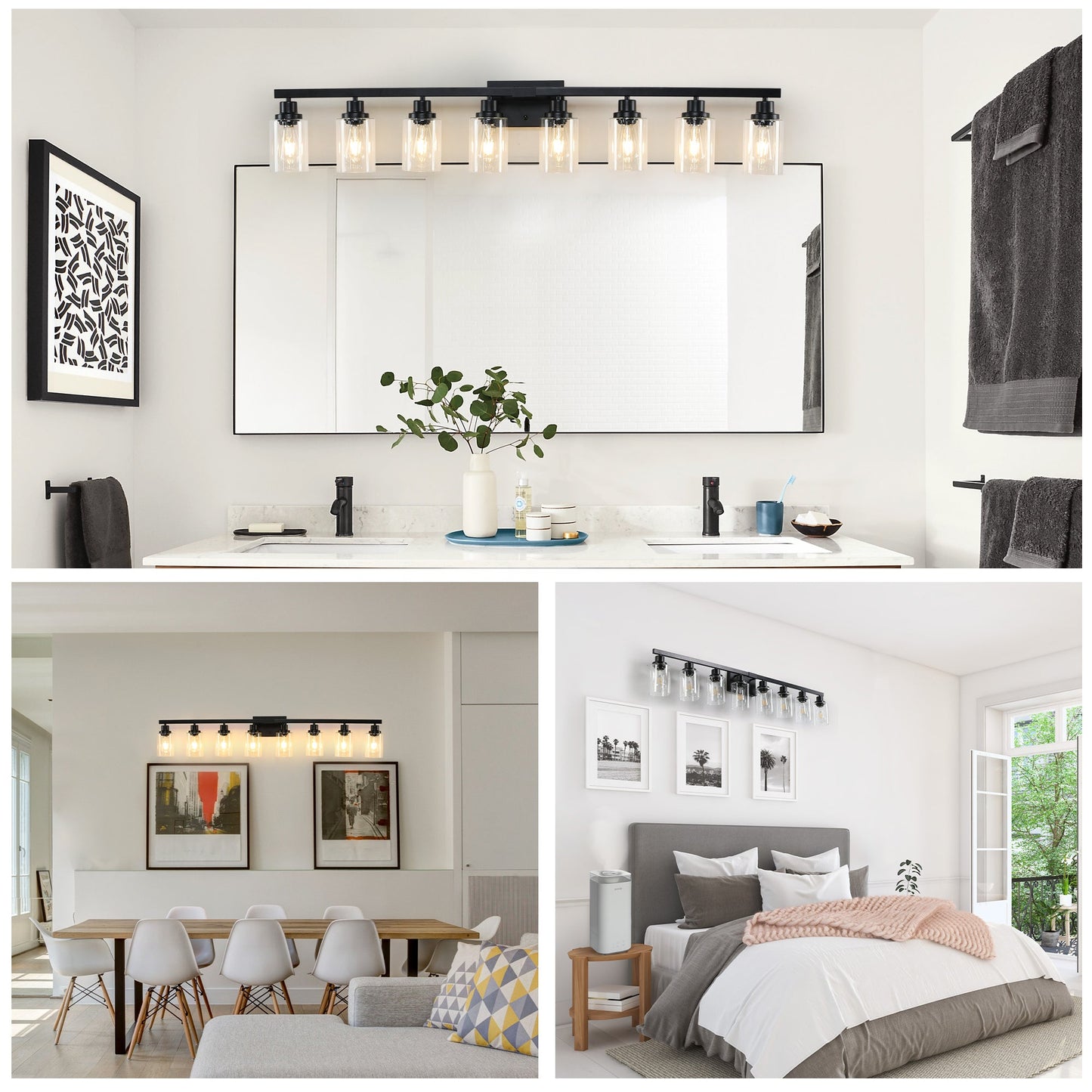 8 - Light Bathroom Vanity Light Fixture Black | Farmhouse Industrial Wall Lighting with Clear Glass Shades - 1st Choice Furniture Direct