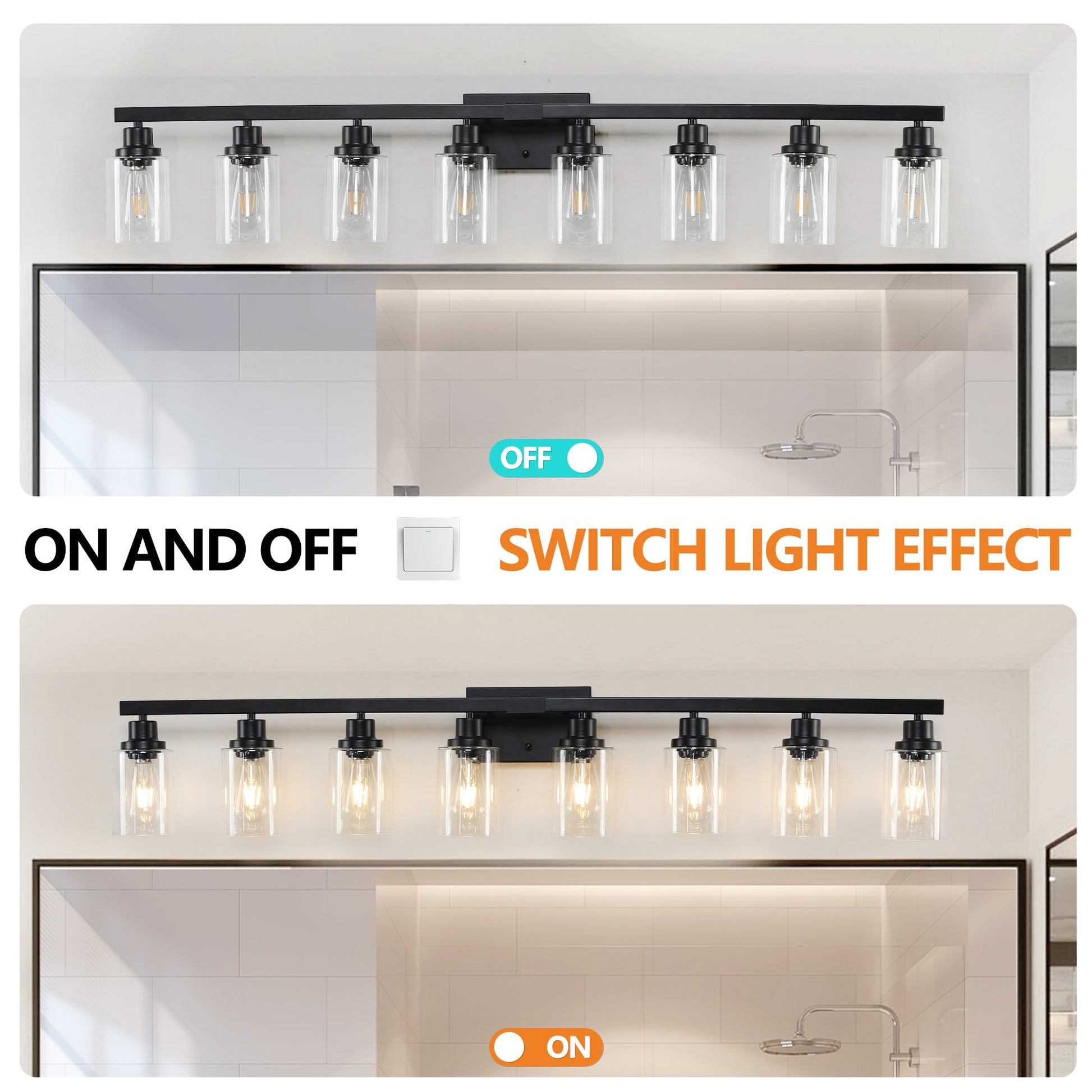 8 - Light Bathroom Vanity Light Fixture Black | Farmhouse Industrial Wall Lighting with Clear Glass Shades - 1st Choice Furniture Direct