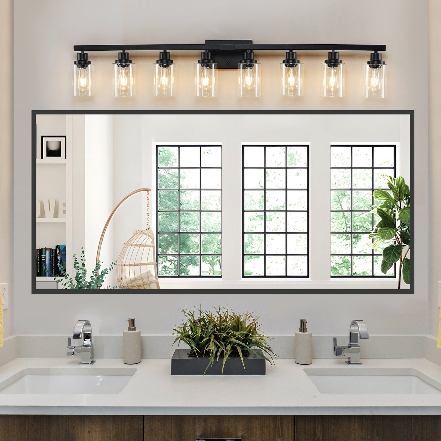 8 - Light Bathroom Vanity Light Fixture Black | Farmhouse Industrial Wall Lighting with Clear Glass Shades - 1st Choice Furniture Direct