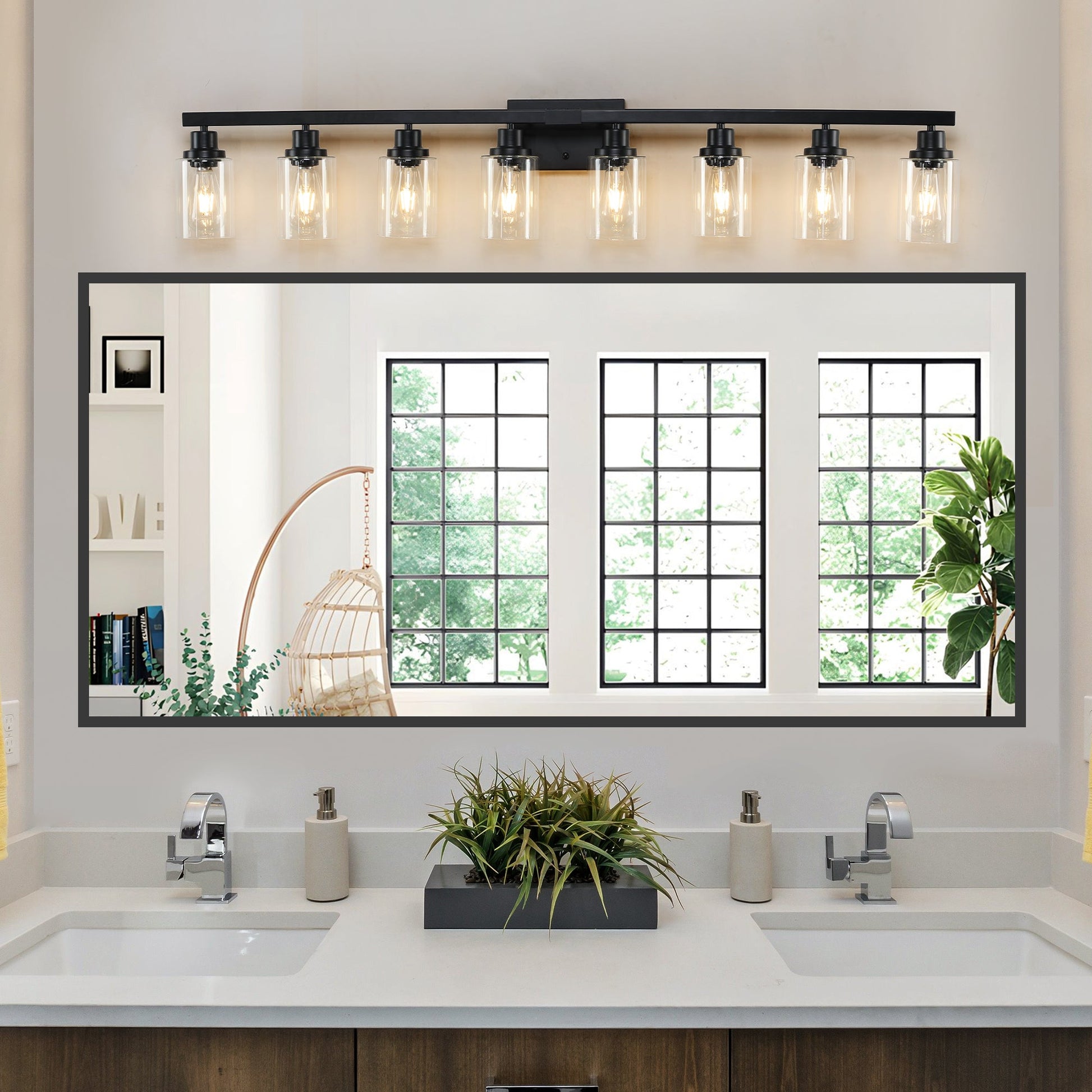 8 - Light Bathroom Vanity Light Fixture Black | Farmhouse Industrial Wall Lighting with Clear Glass Shades - 1st Choice Furniture Direct