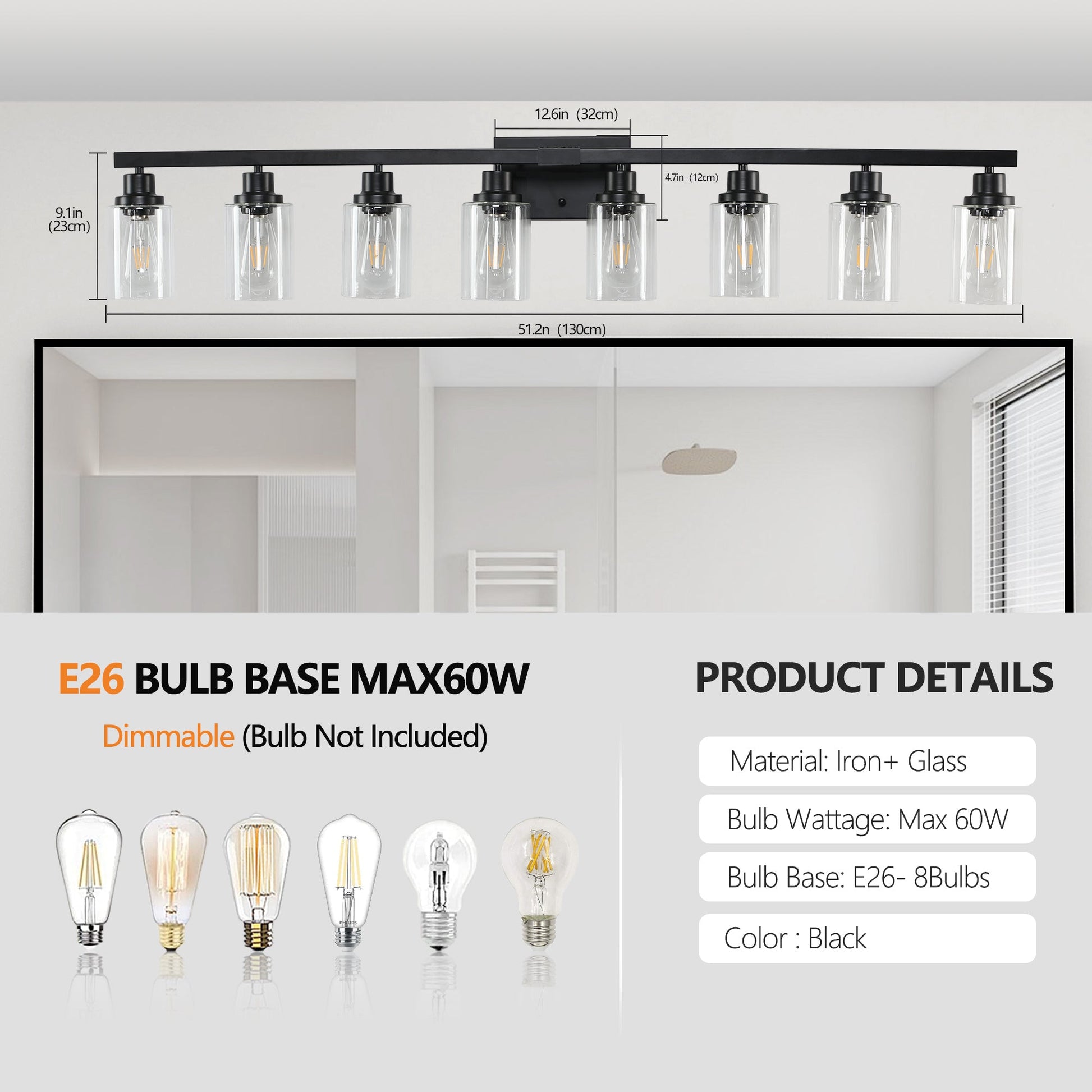 8 - Light Bathroom Vanity Light Fixture Black | Farmhouse Industrial Wall Lighting with Clear Glass Shades - 1st Choice Furniture Direct