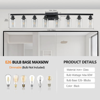 8 - Light Bathroom Vanity Light Fixture Black | Farmhouse Industrial Wall Lighting with Clear Glass Shades - 1st Choice Furniture Direct