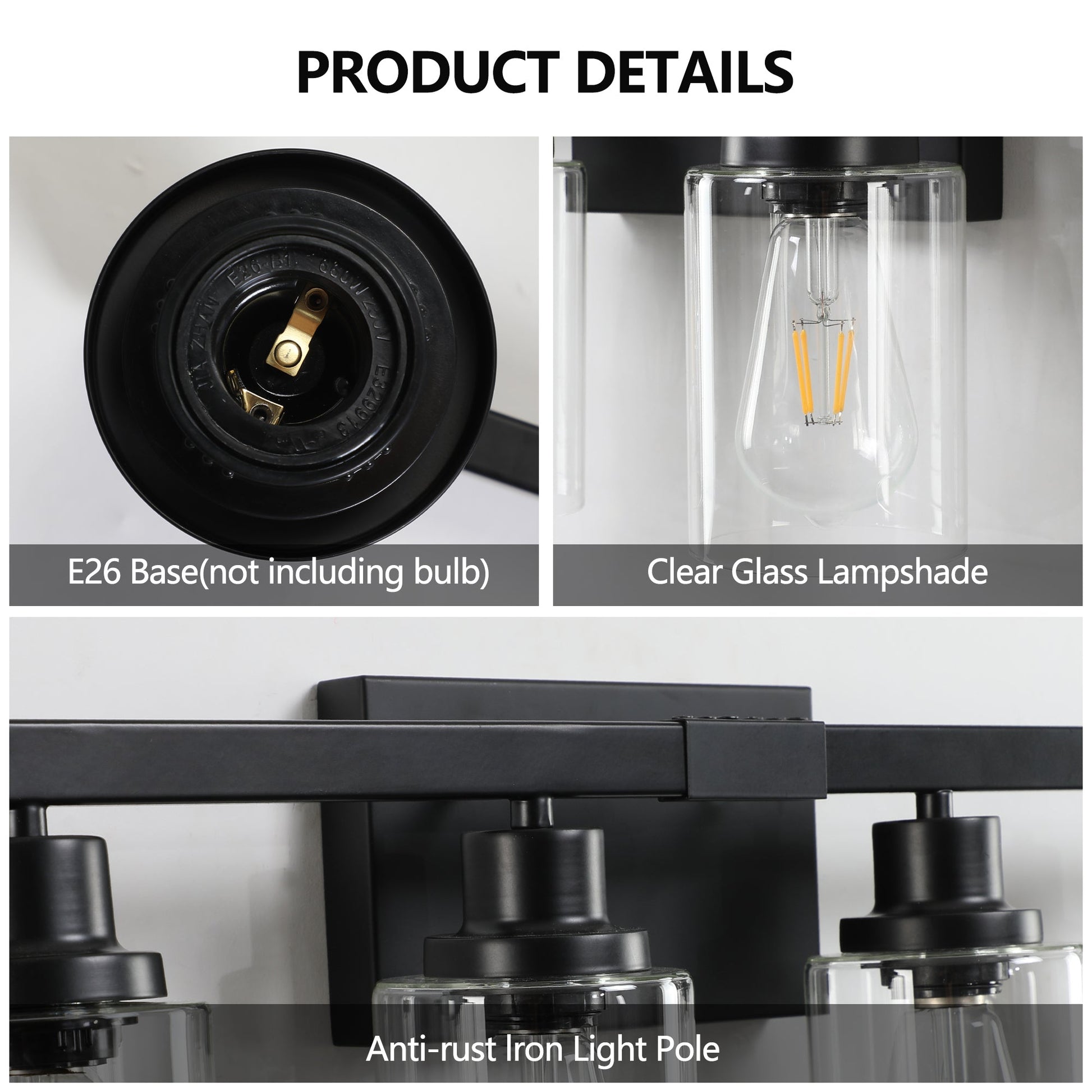 8 - Light Bathroom Vanity Light Fixture Black | Farmhouse Industrial Wall Lighting with Clear Glass Shades - 1st Choice Furniture Direct