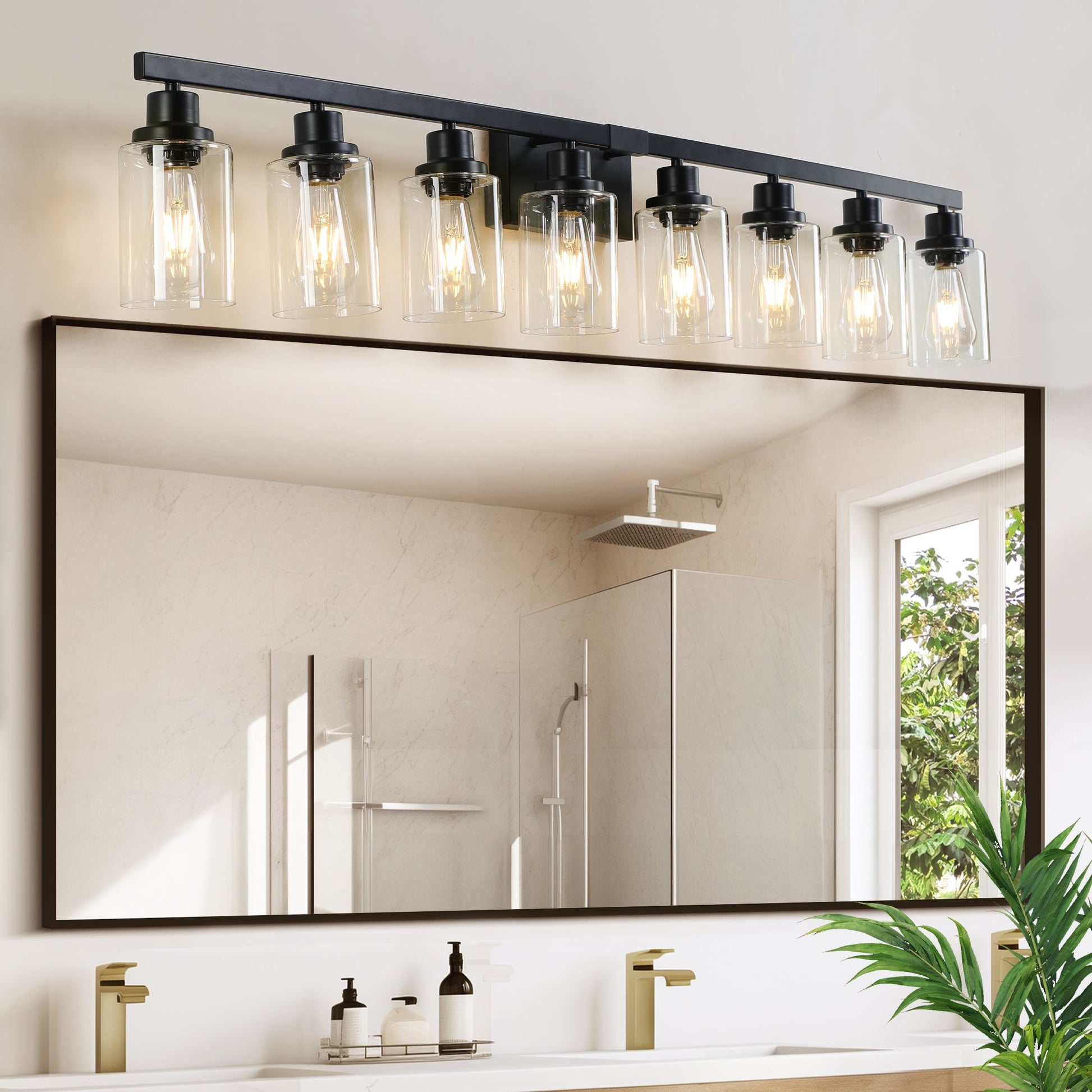 8 - Light Bathroom Vanity Light Fixture Black | Farmhouse Industrial Wall Lighting with Clear Glass Shades - 1st Choice Furniture Direct