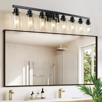 8 - Light Bathroom Vanity Light Fixture Black | Farmhouse Industrial Wall Lighting with Clear Glass Shades - 1st Choice Furniture Direct