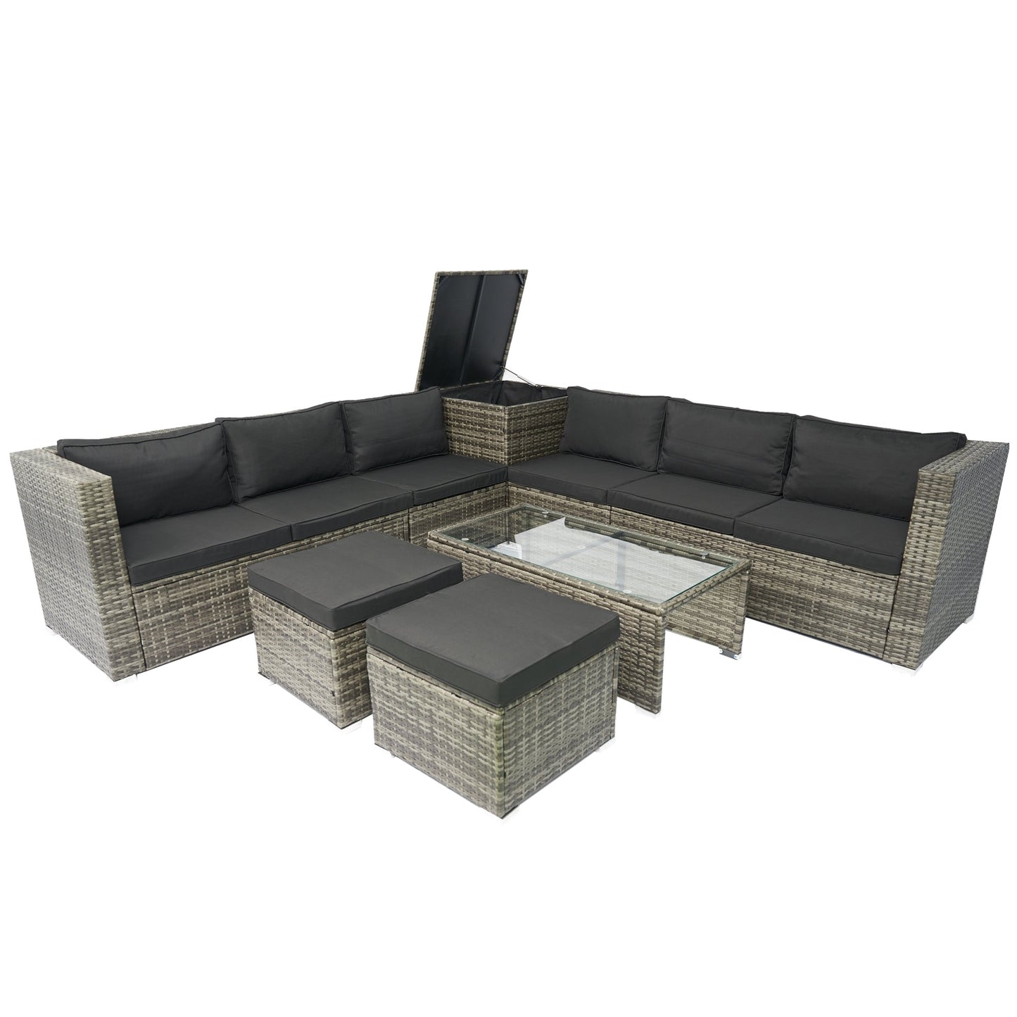 8 Piece Patio Sectional Wicker Rattan Outdoor Furniture Sofa Set with One Storage Box Under Seat and Cushion Box Grey wicker + Black Cushion + Clear Glass Top - 1st Choice Furniture Direct