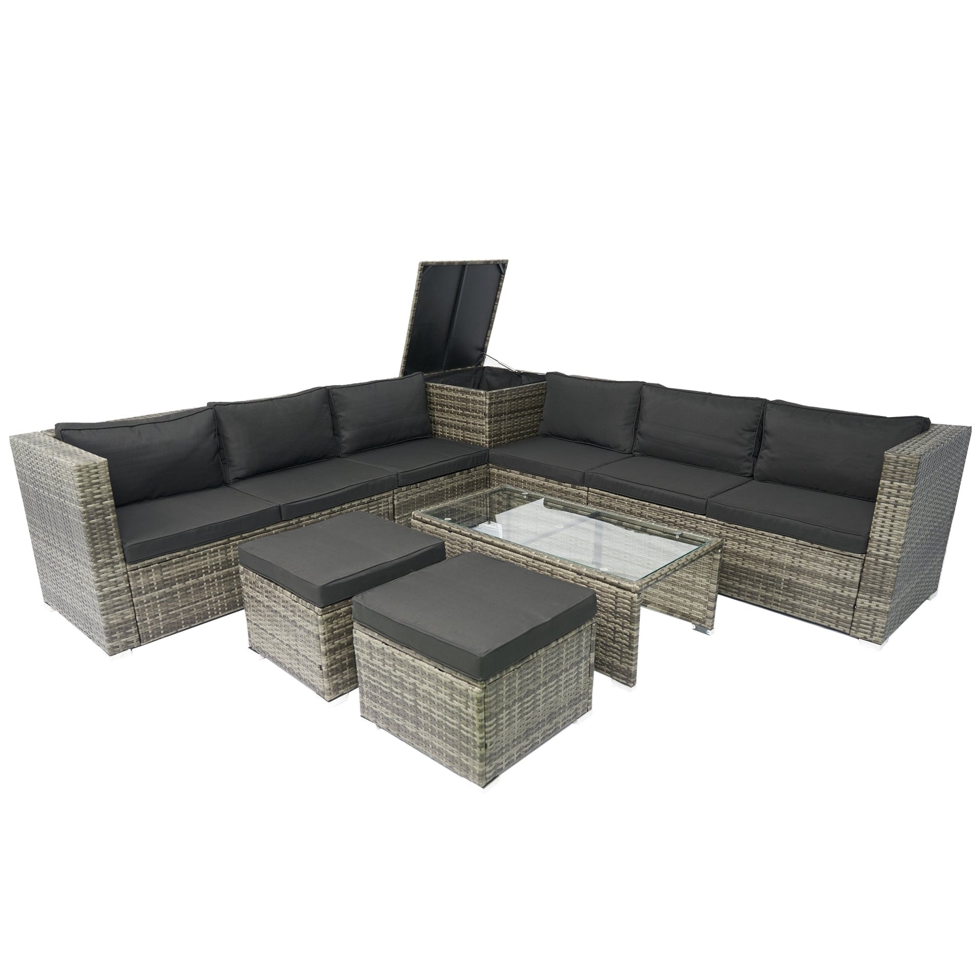 8 Piece Patio Sectional Wicker Rattan Outdoor Furniture Sofa Set with One Storage Box Under Seat and Cushion Box Grey wicker + Black Cushion + Clear Glass Top - 1st Choice Furniture Direct