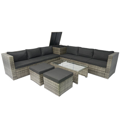 8 Piece Patio Sectional Wicker Rattan Outdoor Furniture Sofa Set with One Storage Box Under Seat and Cushion Box Grey wicker + Black Cushion + Clear Glass Top - 1st Choice Furniture Direct