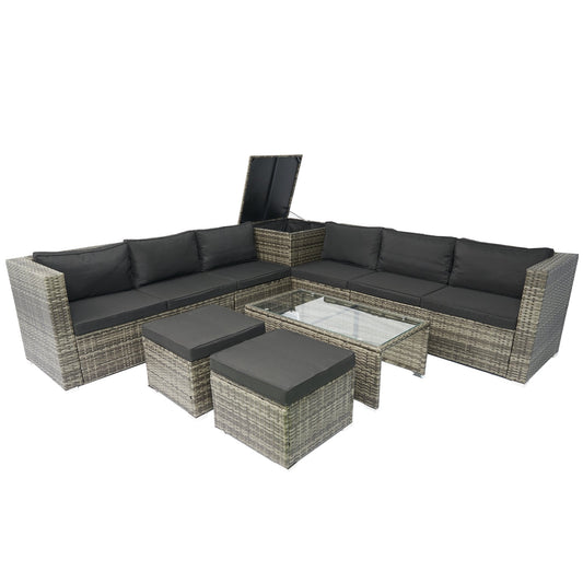 8 Piece Patio Sectional Wicker Rattan Outdoor Furniture Sofa Set with One Storage Box Under Seat and Cushion Box Grey wicker + Black Cushion + Clear Glass Top - 1st Choice Furniture Direct