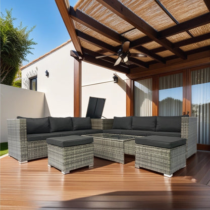 8 Piece Patio Sectional Wicker Rattan Outdoor Furniture Sofa Set with One Storage Box Under Seat and Cushion Box Grey wicker + Black Cushion + Clear Glass Top - 1st Choice Furniture Direct