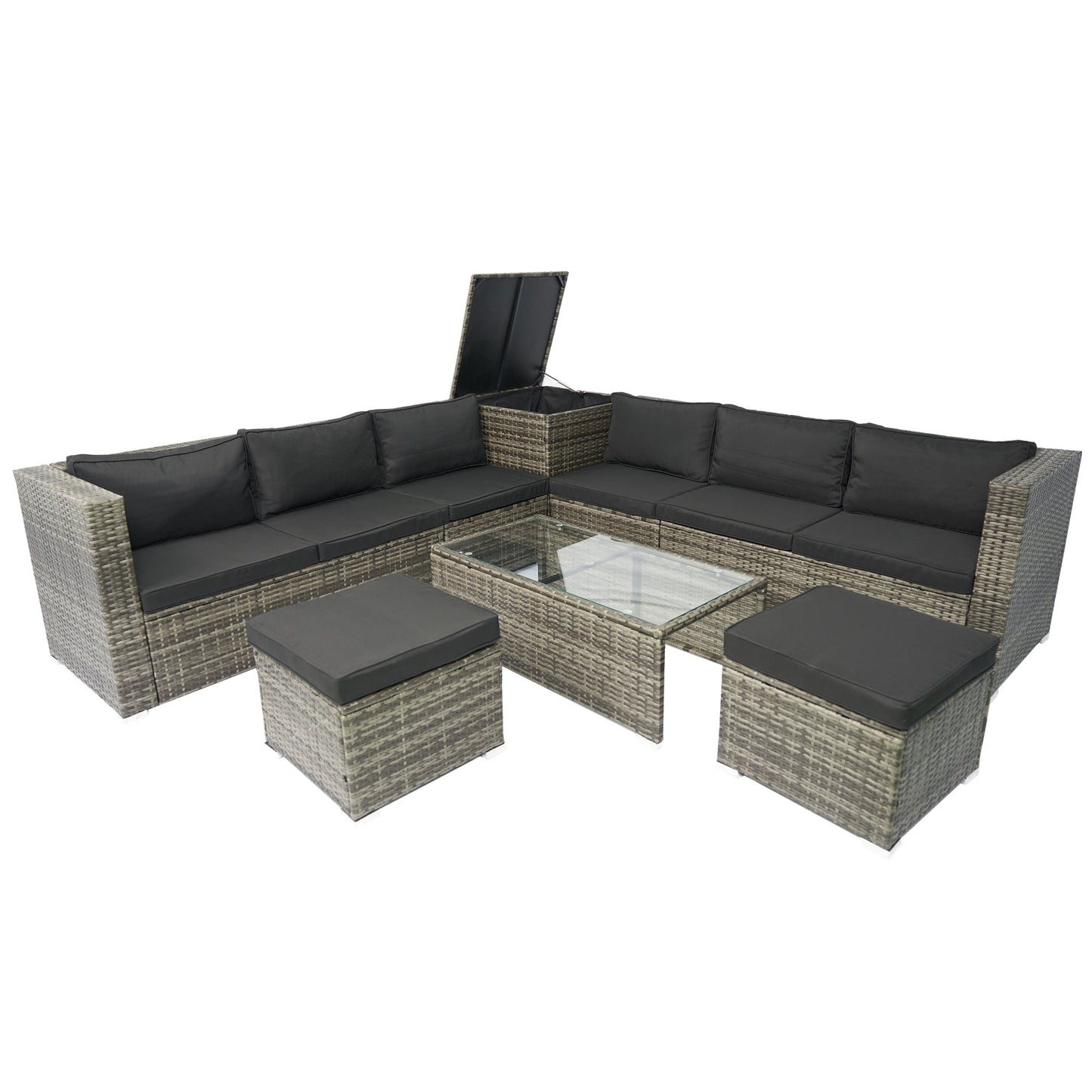 8 Piece Patio Sectional Wicker Rattan Outdoor Furniture Sofa Set with One Storage Box Under Seat and Cushion Box Grey wicker + Black Cushion + Clear Glass Top - 1st Choice Furniture Direct