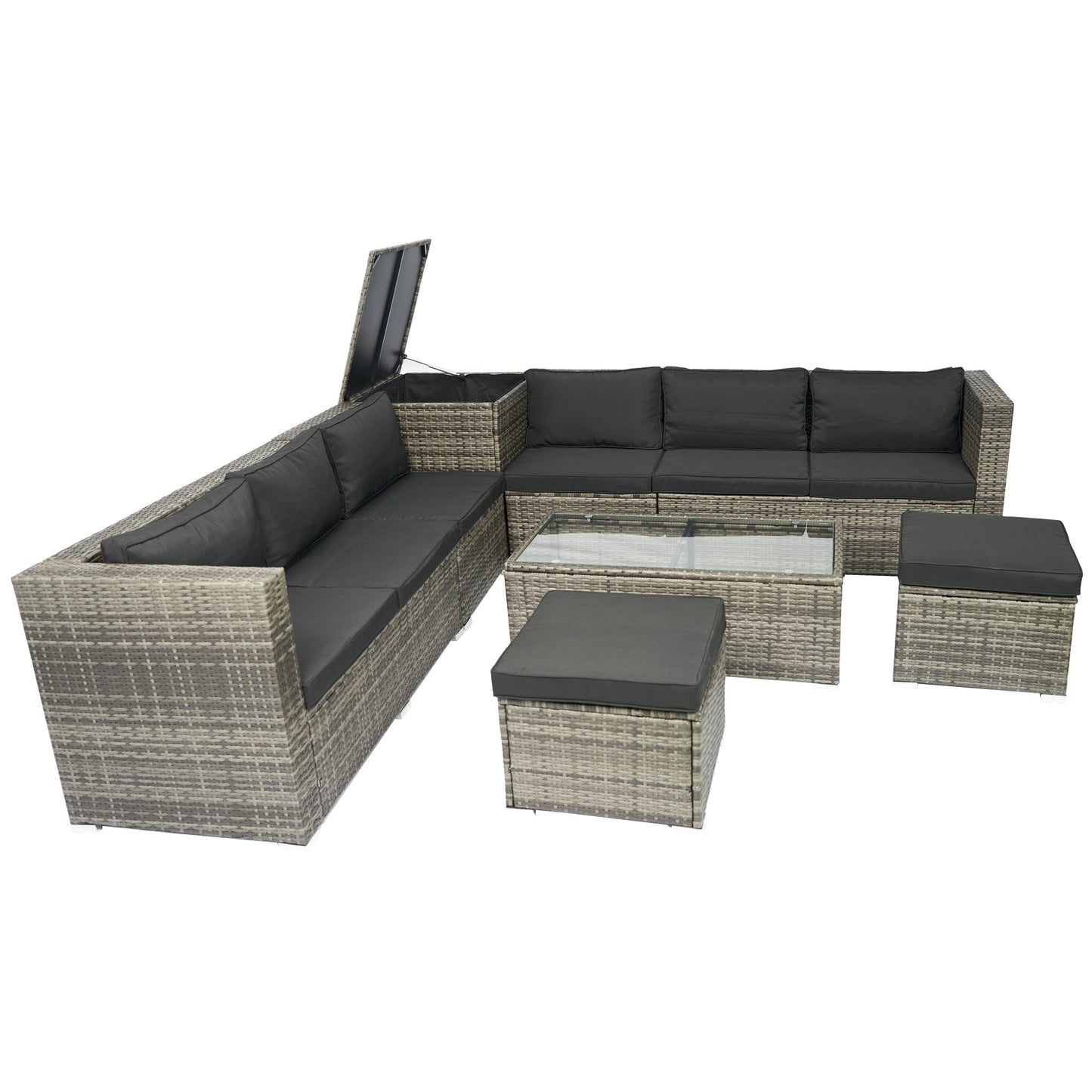 8 Piece Patio Sectional Wicker Rattan Outdoor Furniture Sofa Set with One Storage Box Under Seat and Cushion Box Grey wicker + Black Cushion + Clear Glass Top - 1st Choice Furniture Direct