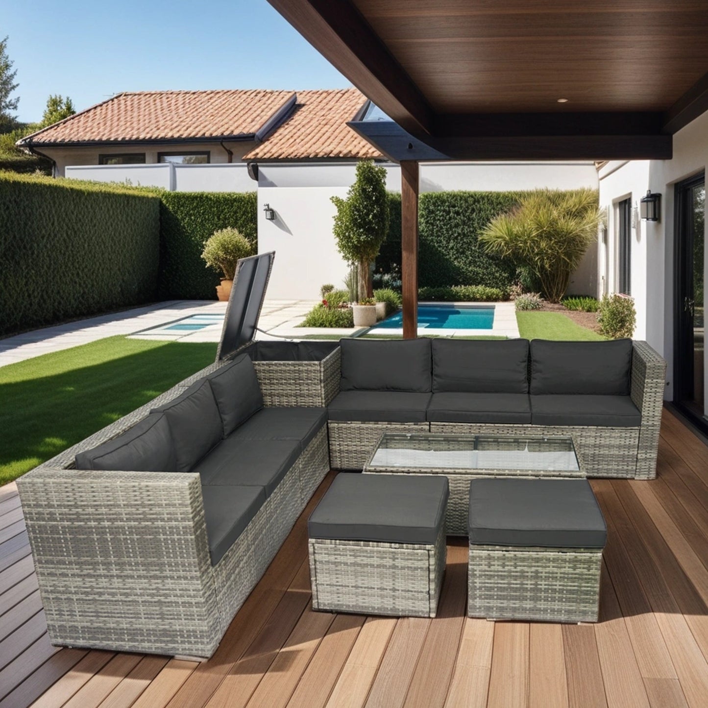 8 Piece Patio Sectional Wicker Rattan Outdoor Furniture Sofa Set with One Storage Box Under Seat and Cushion Box Grey wicker + Black Cushion + Clear Glass Top - 1st Choice Furniture Direct