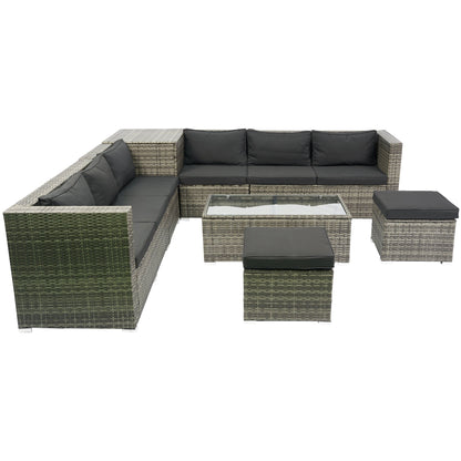 8 Piece Patio Sectional Wicker Rattan Outdoor Furniture Sofa Set with One Storage Box Under Seat and Cushion Box Grey wicker + Black Cushion + Clear Glass Top - 1st Choice Furniture Direct