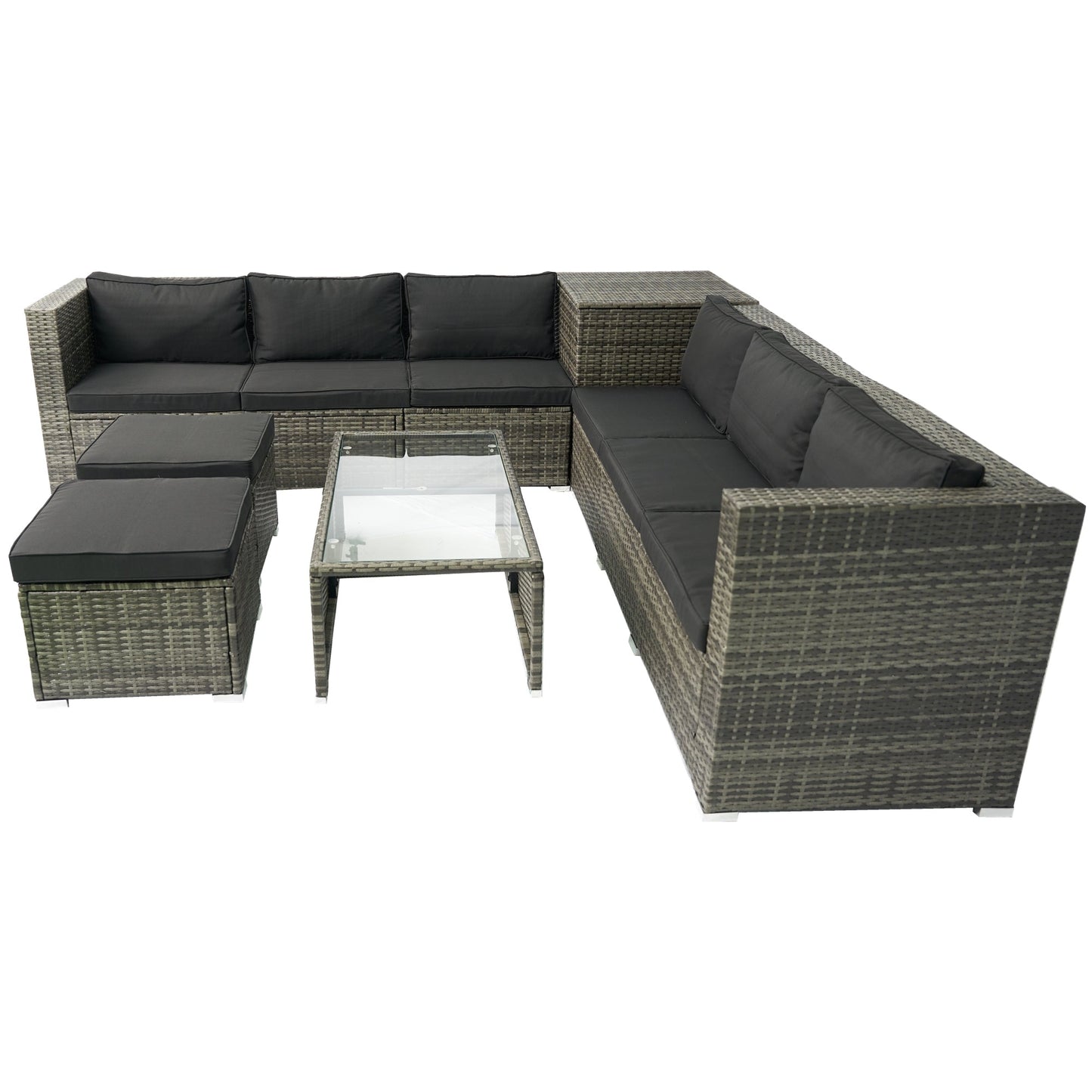 8 Piece Patio Sectional Wicker Rattan Outdoor Furniture Sofa Set with One Storage Box Under Seat and Cushion Box Grey wicker + Black Cushion + Clear Glass Top - 1st Choice Furniture Direct