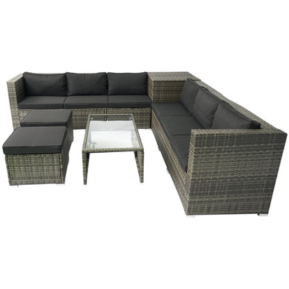 8 Piece Patio Sectional Wicker Rattan Outdoor Furniture Sofa Set with One Storage Box Under Seat and Cushion Box Grey wicker + Black Cushion + Clear Glass Top - 1st Choice Furniture Direct