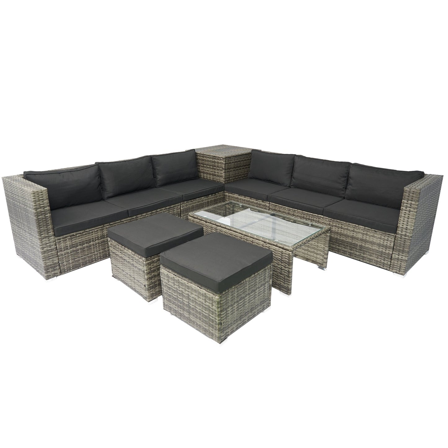 8 Piece Patio Sectional Wicker Rattan Outdoor Furniture Sofa Set with One Storage Box Under Seat and Cushion Box Grey wicker + Black Cushion + Clear Glass Top - 1st Choice Furniture Direct