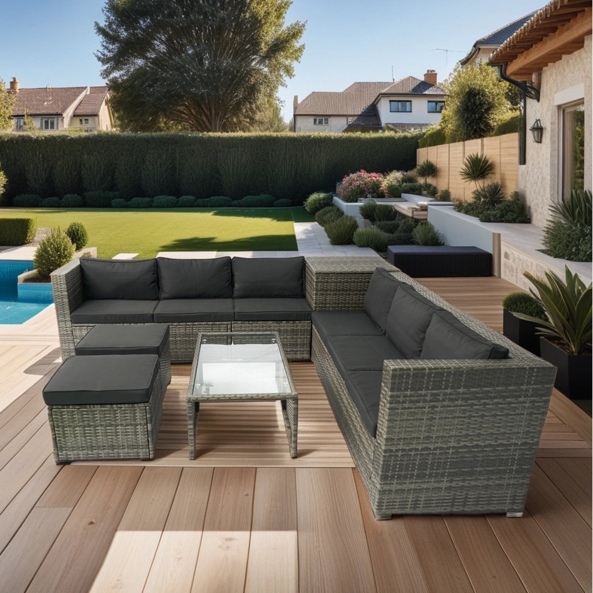 8 Piece Patio Sectional Wicker Rattan Outdoor Furniture Sofa Set with One Storage Box Under Seat and Cushion Box Grey wicker + Black Cushion + Clear Glass Top - 1st Choice Furniture Direct