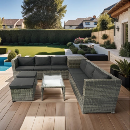 8 Piece Patio Sectional Wicker Rattan Outdoor Furniture Sofa Set with One Storage Box Under Seat and Cushion Box Grey wicker + Black Cushion + Clear Glass Top - 1st Choice Furniture Direct